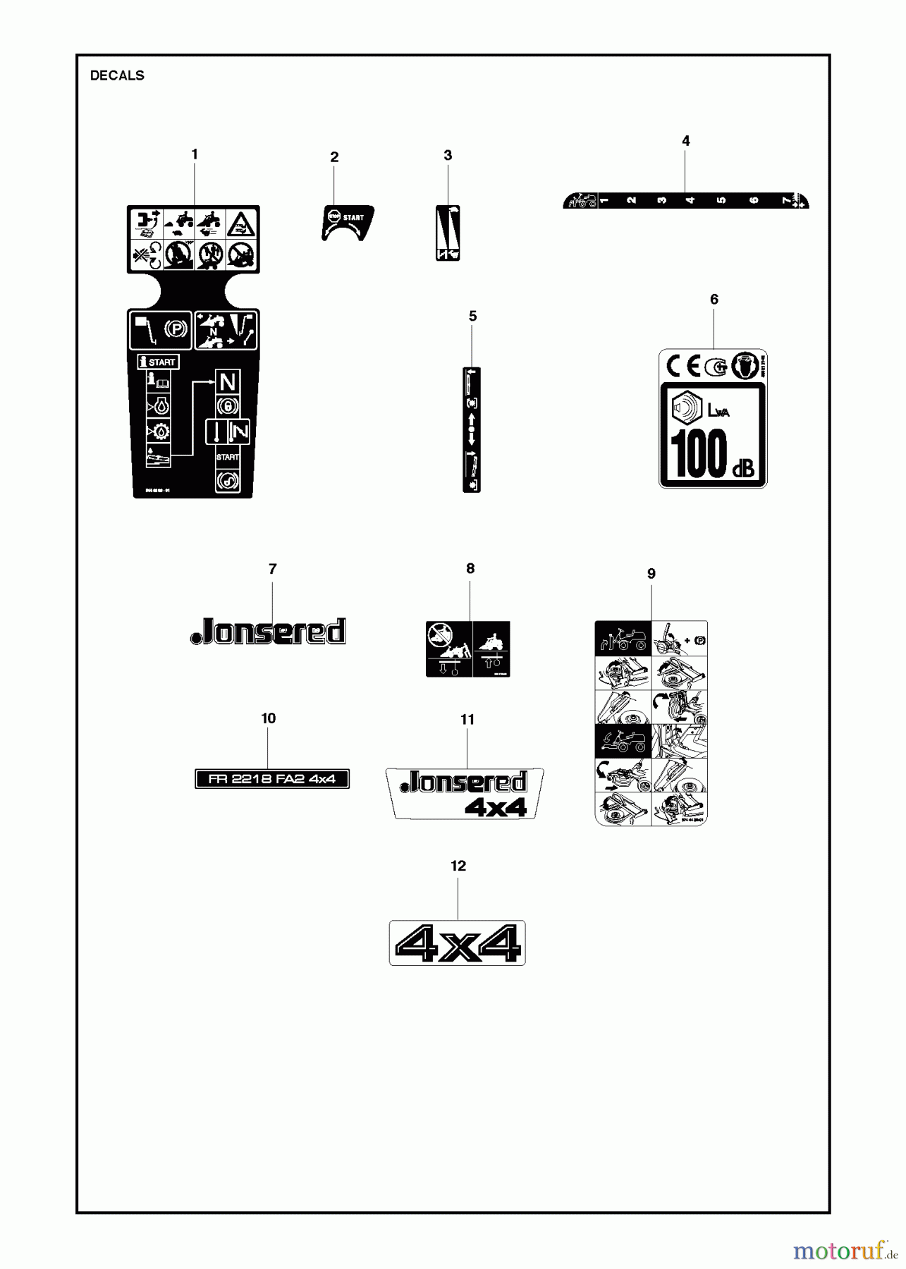 Jonsered Reitermäher FR2218 FA2 4x4 (967179401) - Jonsered Rear-Engine Riding Mower (2013) DECALS
