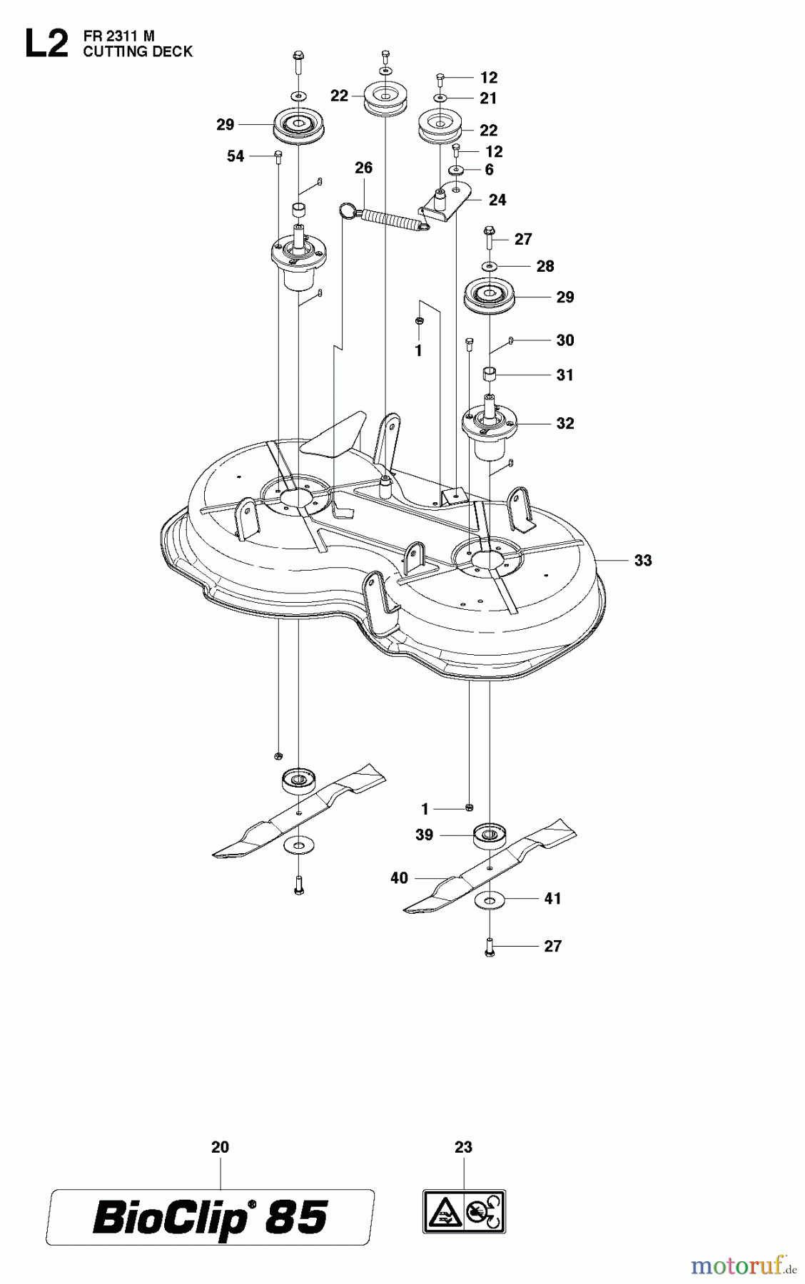  Jonsered Reitermäher FR2311 M (966639785, 966639701) - Jonsered Rear-Engine Riding Mower (2011-02) MOWER DECK / CUTTING DECK #1