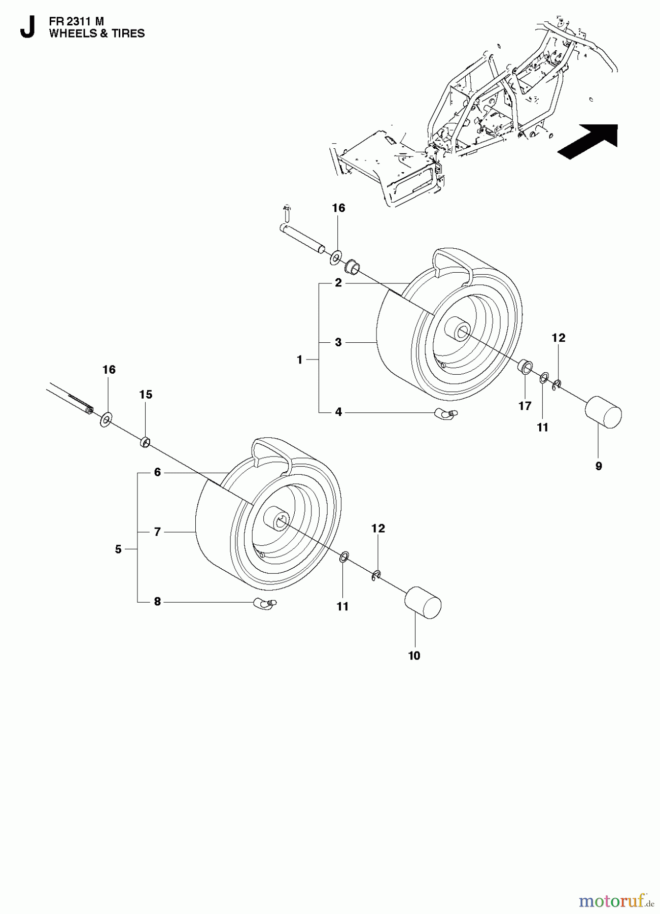 Jonsered Reitermäher FR2311 M (966639785, 966639701) - Jonsered Rear-Engine Riding Mower (2011-02) WHEELS TIRES