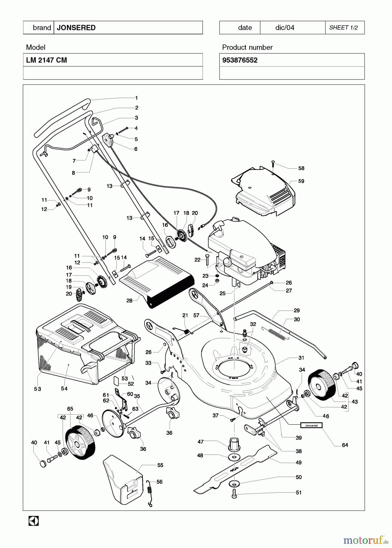 Jonsered Rasenmäher LM2147CM (953876552) - Jonsered Walk-Behind Mower (2005-02) PRODUCT COMPLETE