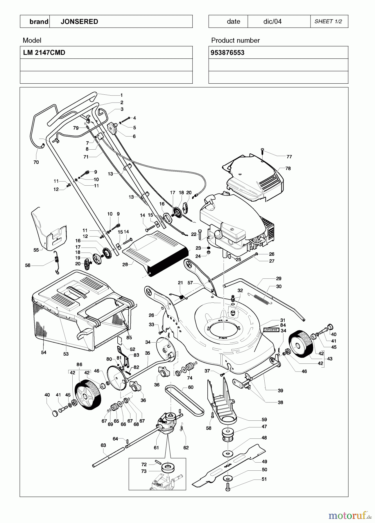 Jonsered Rasenmäher LM2147CMD (953876553) - Jonsered Walk-Behind Mower (2005-02) PRODUCT COMPLETE