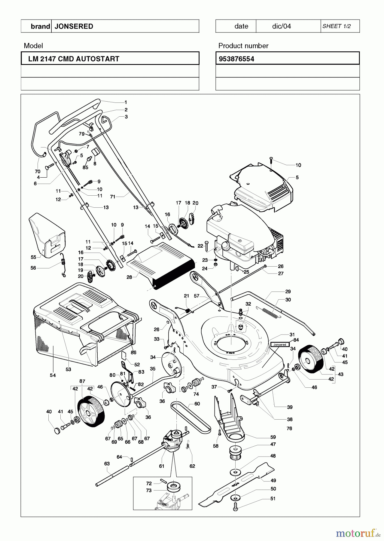 Jonsered Rasenmäher LM2147CMD (953876554) - Jonsered Walk-Behind Mower (2005-02) PRODUCT COMPLETE