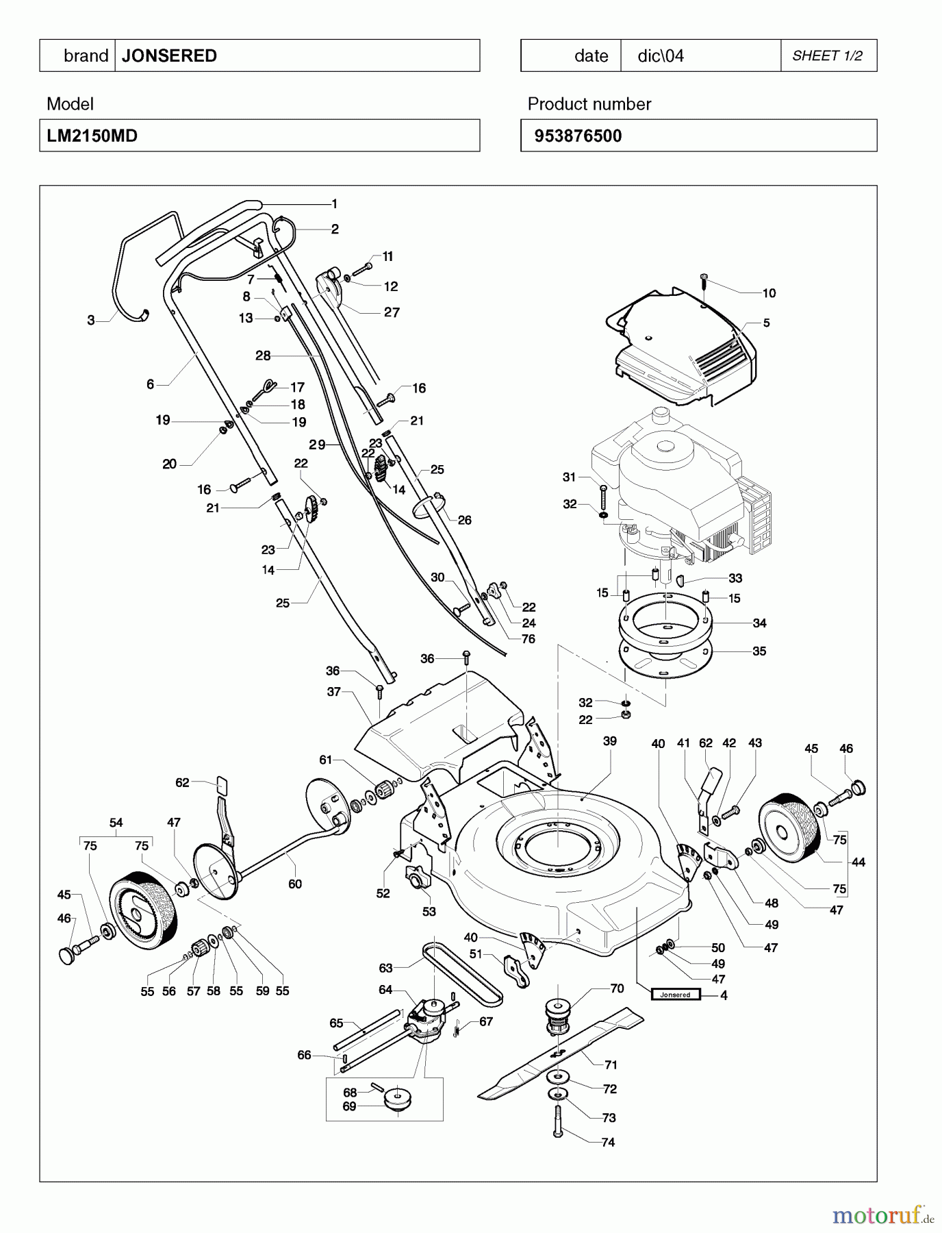 Jonsered Rasenmäher LM2150MD (953876500) - Jonsered Walk-Behind Mower (2005-02) PRODUCT COMPLETE
