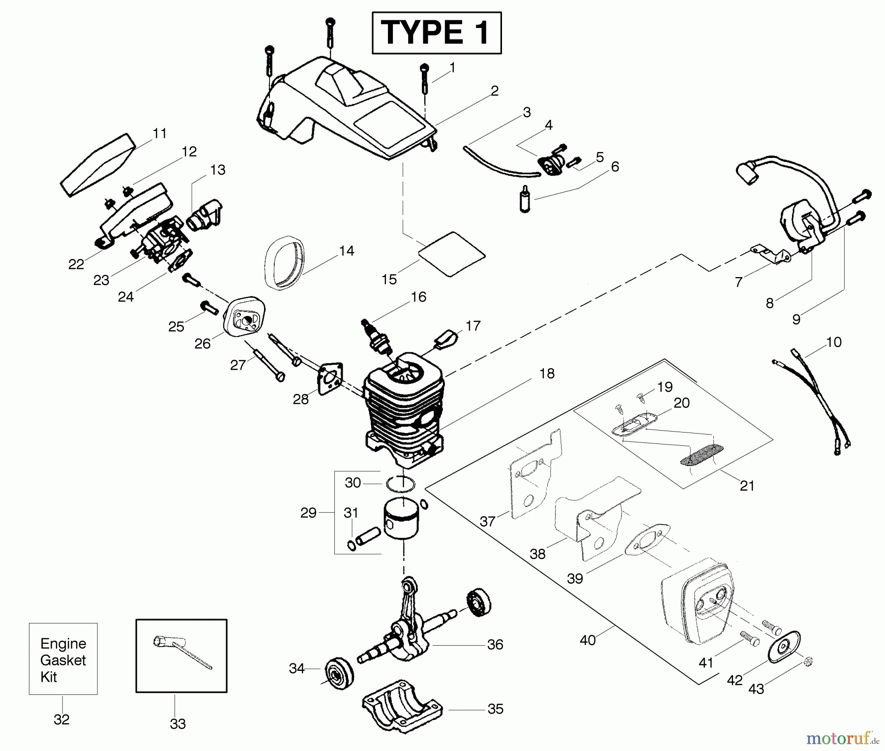 Poulan / Weed Eater Motorsägen 2150LE (Type 1) - Poulan Predator Chainsaw Engine Assembly Type 1