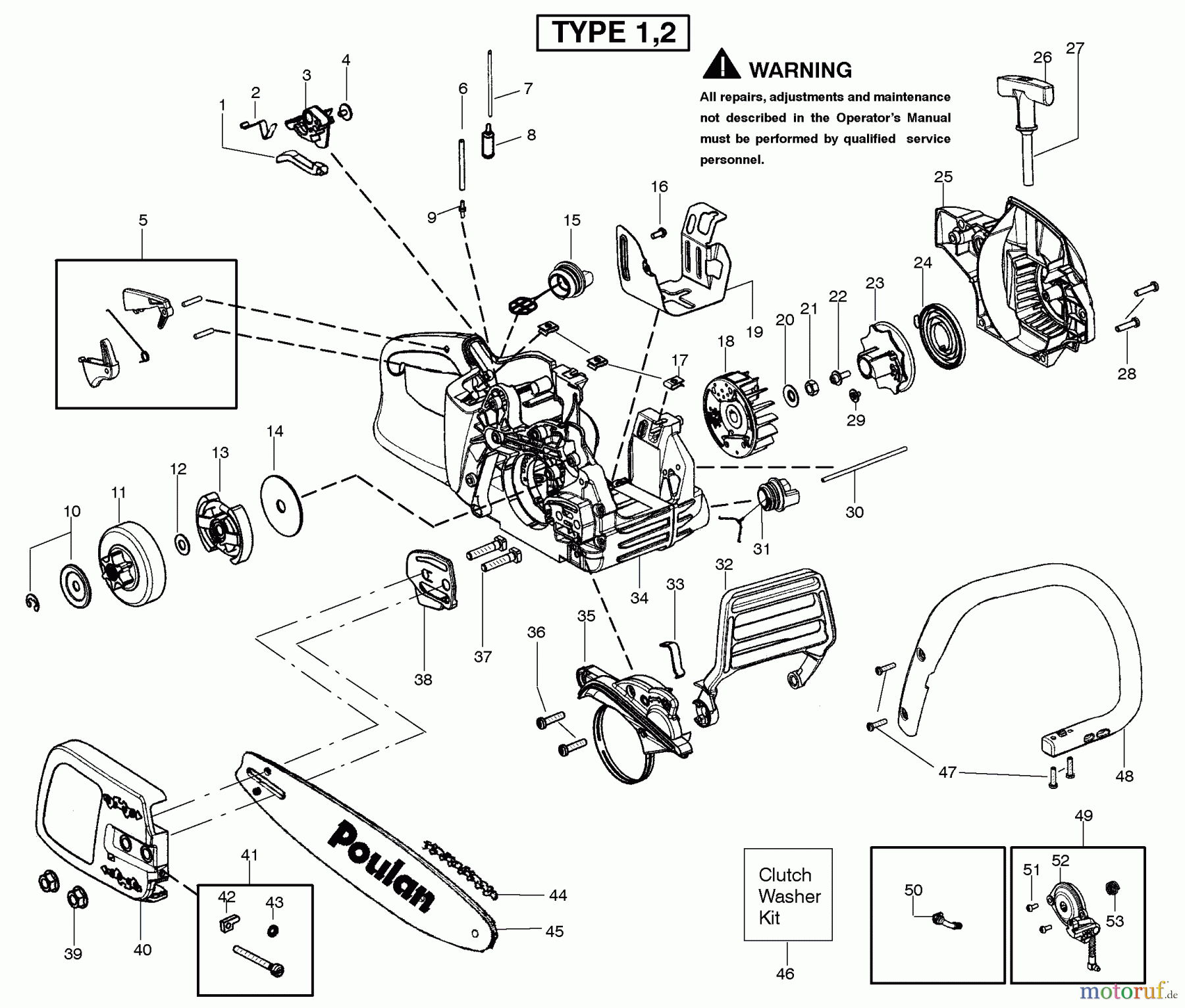 Poulan / Weed Eater Motorsägen P3314WSA (Type 1) - Poulan Woodshark Chainsaw Handle, Chassis & Bar Assembly Type 1,2