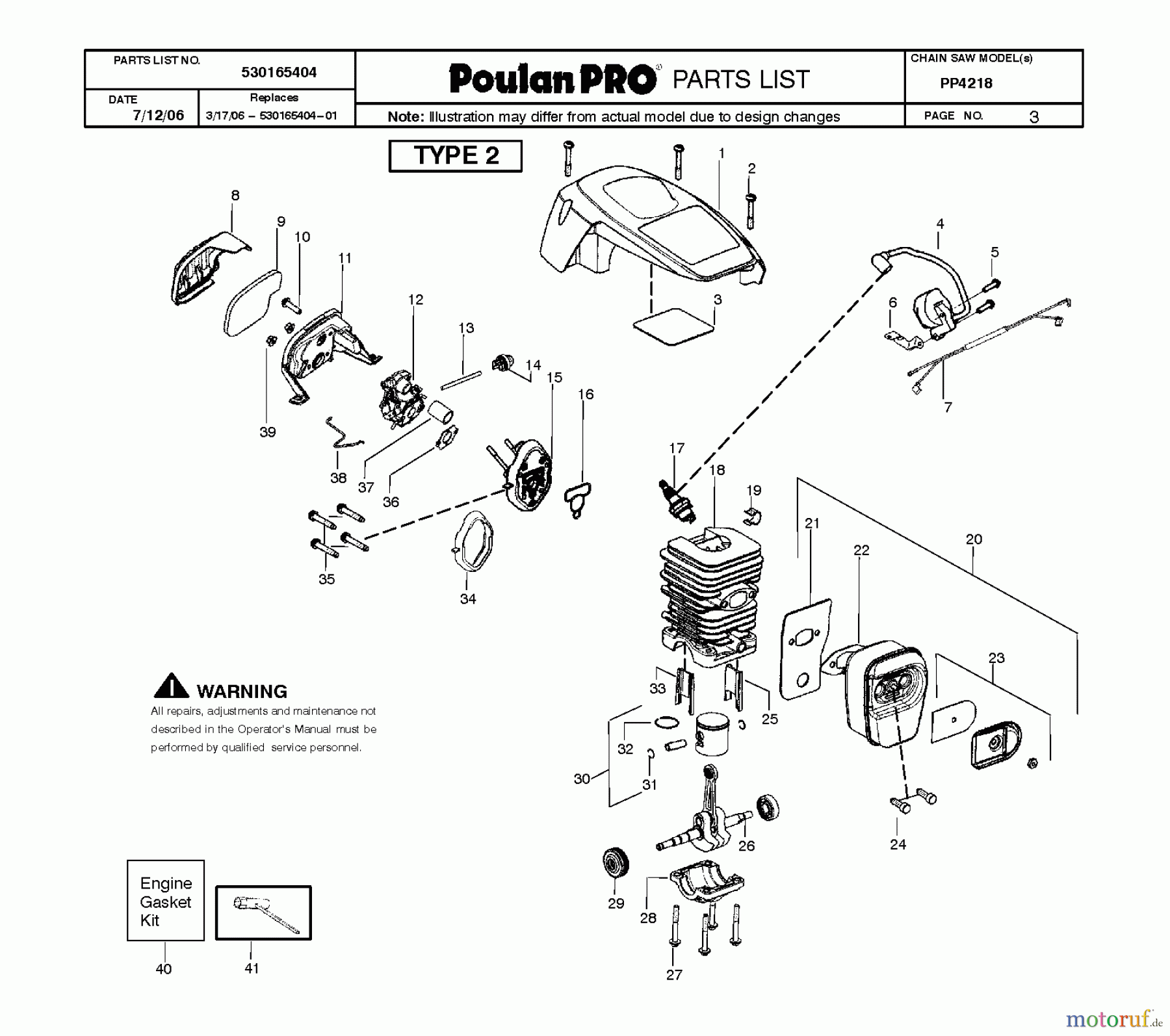 Poulan / Weed Eater Motorsägen PP4218 - Poulan Pro Chainsaw (2012-01) ENGINE #1