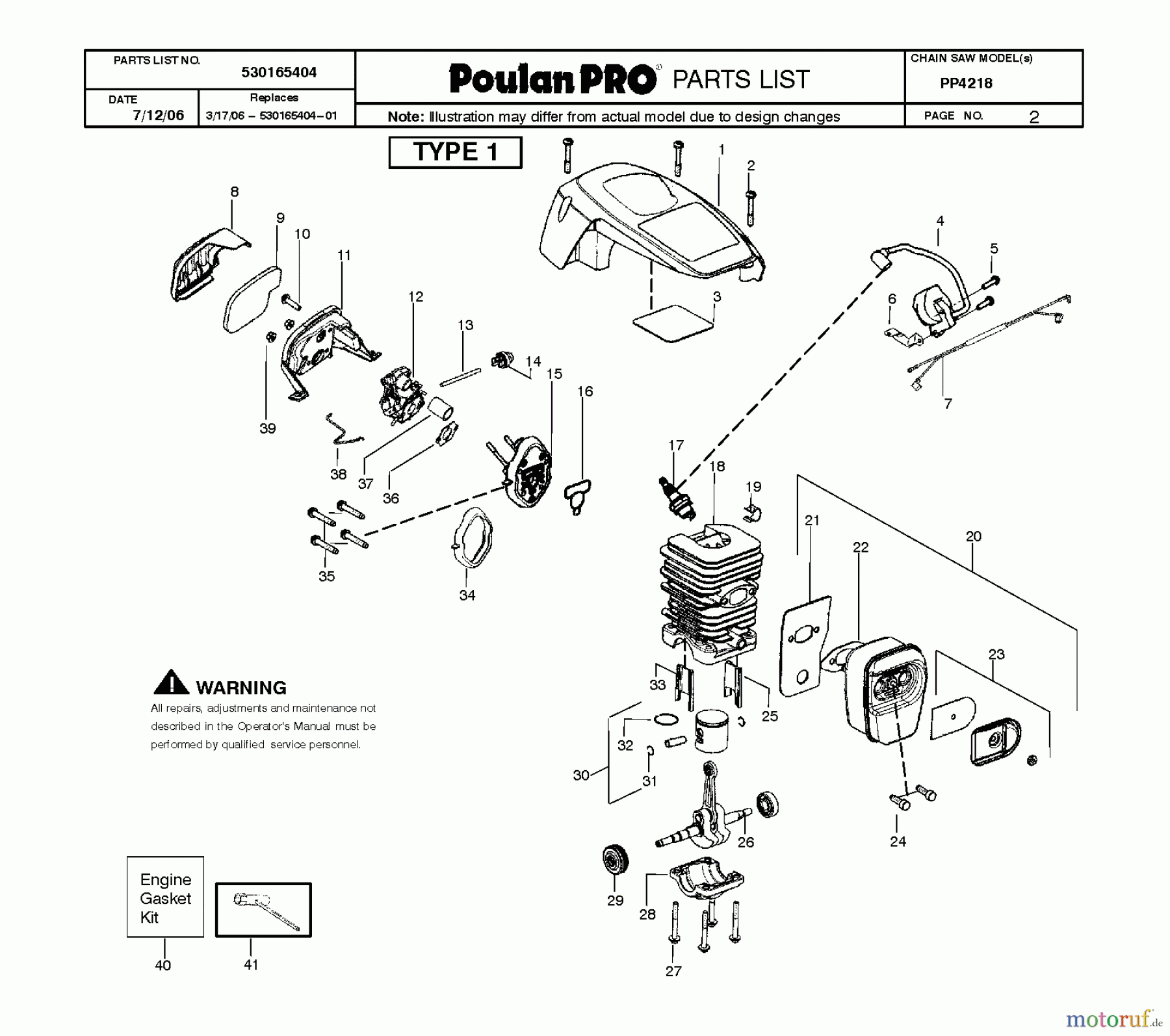 Poulan / Weed Eater Motorsägen PP4218 - Poulan Pro Chainsaw (2012-01) ENGINE #2