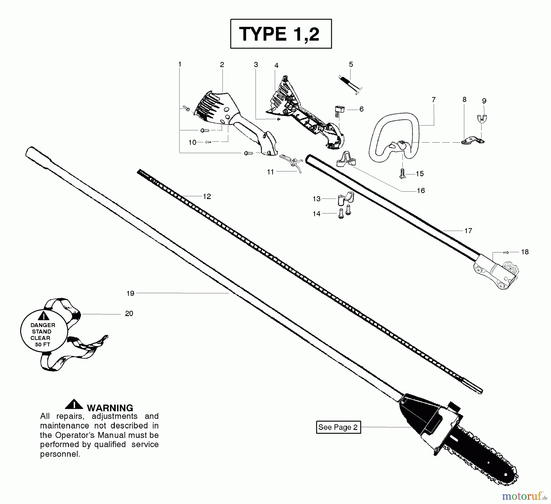 Poulan / Weed Eater Hochentaster PP446E (Type 1) - Poulan Pro Pole Pruner Handle & Shaft Assembly Type 1, 2