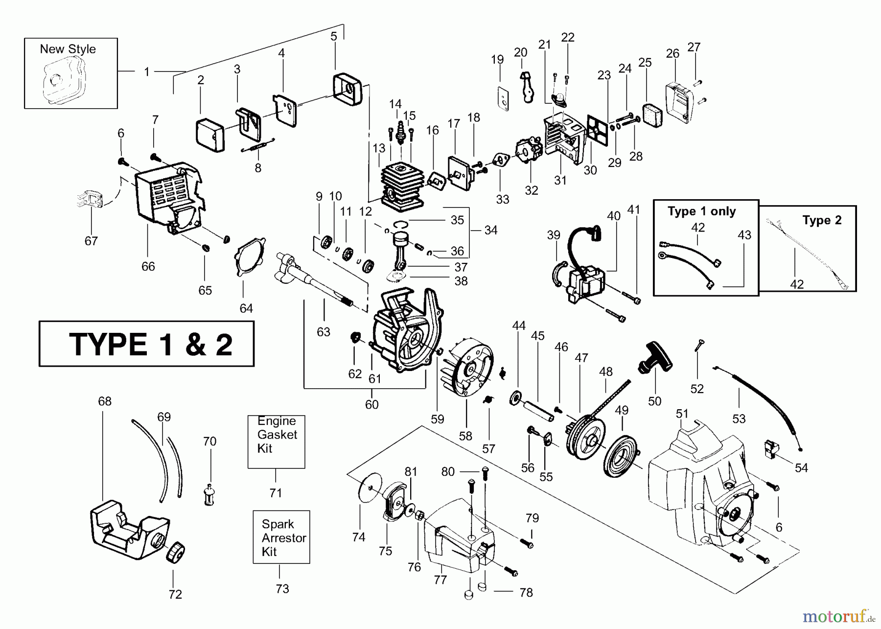  Poulan / Weed Eater Motorsensen, Trimmer BC2400 (Type 1) - Weed Eater String Trimmer Engine Assembly Type 1 & 2