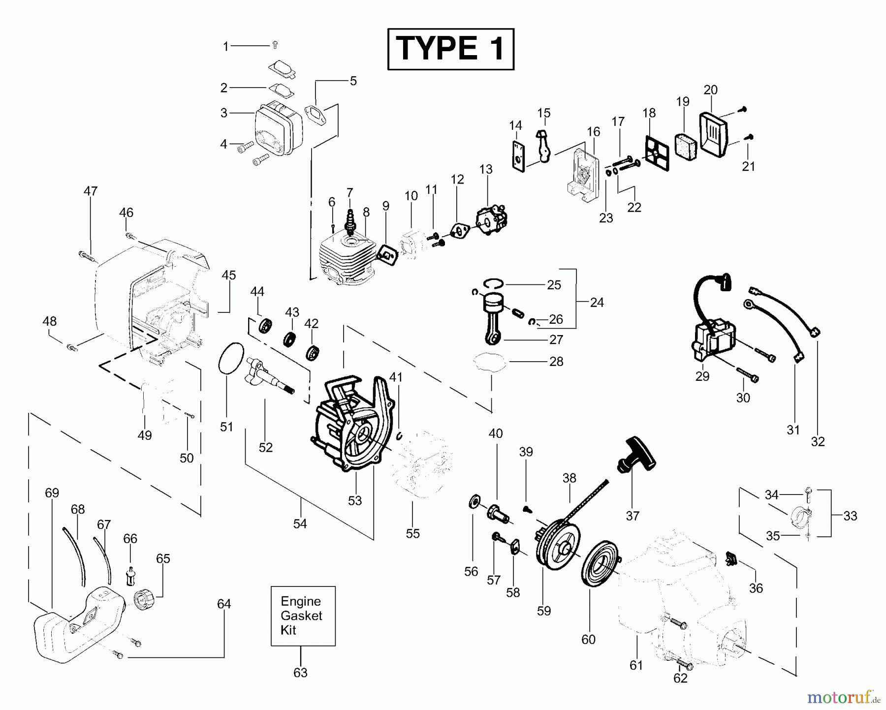 Poulan / Weed Eater Motorsensen, Trimmer FL25LE (Type 1) - Weed Eater Featherlite LE String Trimmer Engine Assembly Type 1