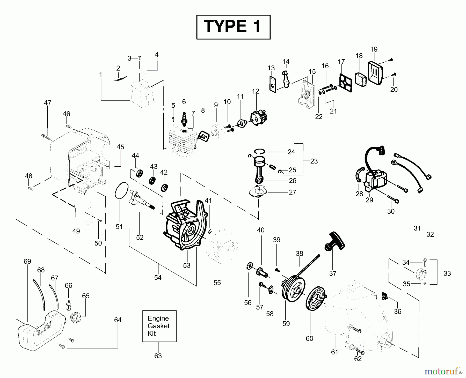Poulan / Weed Eater Motorsensen, Trimmer FX25LE (Type 1) - Weed Eater Featherlite LE Extreme String Trimmer Engine Assembly Type 1