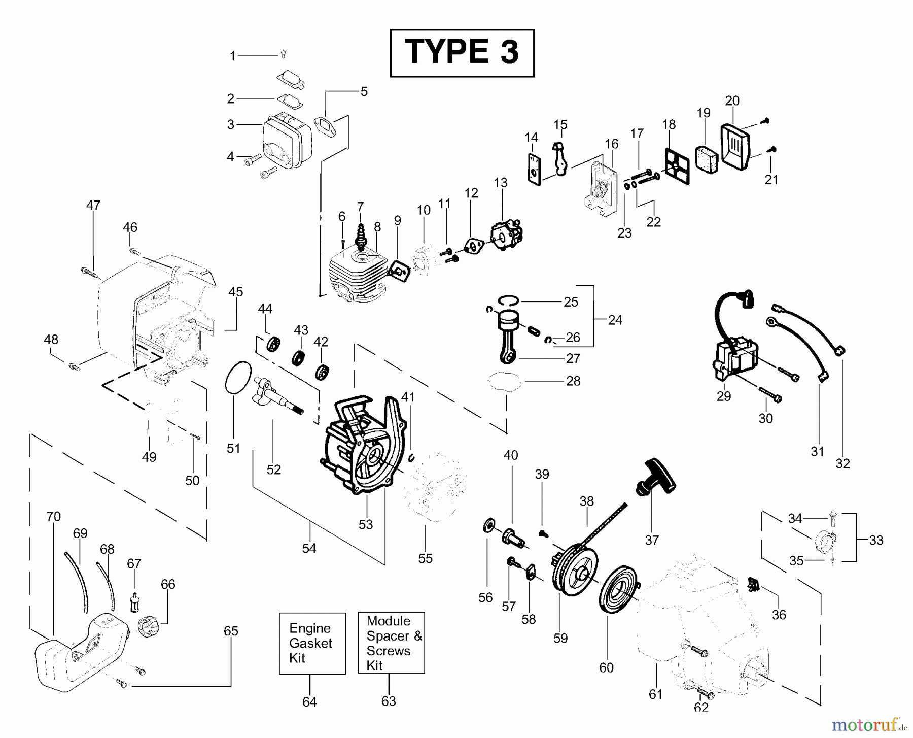 Poulan / Weed Eater Motorsensen, Trimmer FX25LE (Type 3) - Weed Eater Featherlite LE Extreme String Trimmer Engine Assembly Type 3