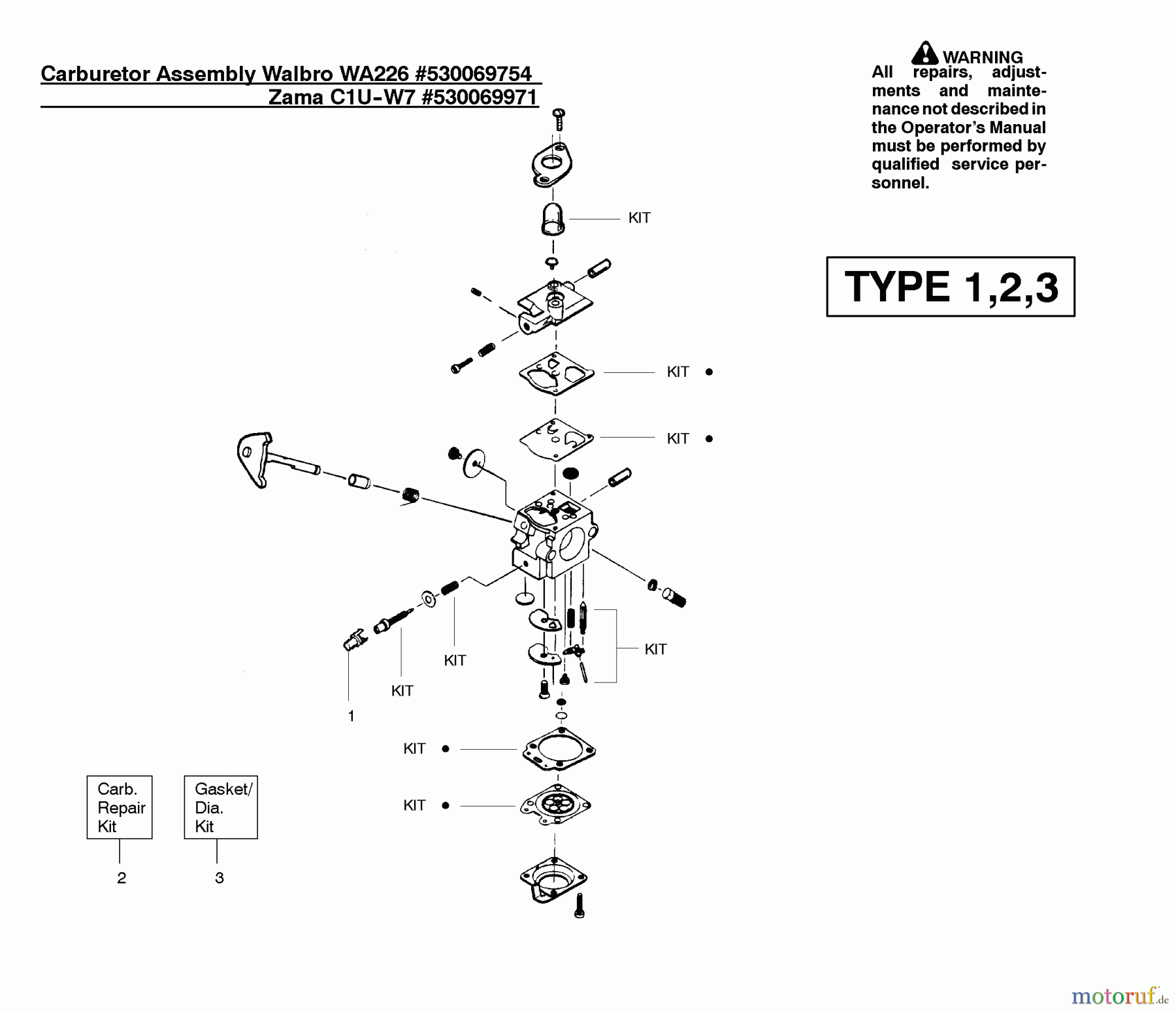 Poulan / Weed Eater Motorsensen, Trimmer PL500 (Type 4) - Weed Eater String Trimmer Carburetor Assembly (WT226) P/N 530069754, (Zama C1U-W70) P/N 530069971