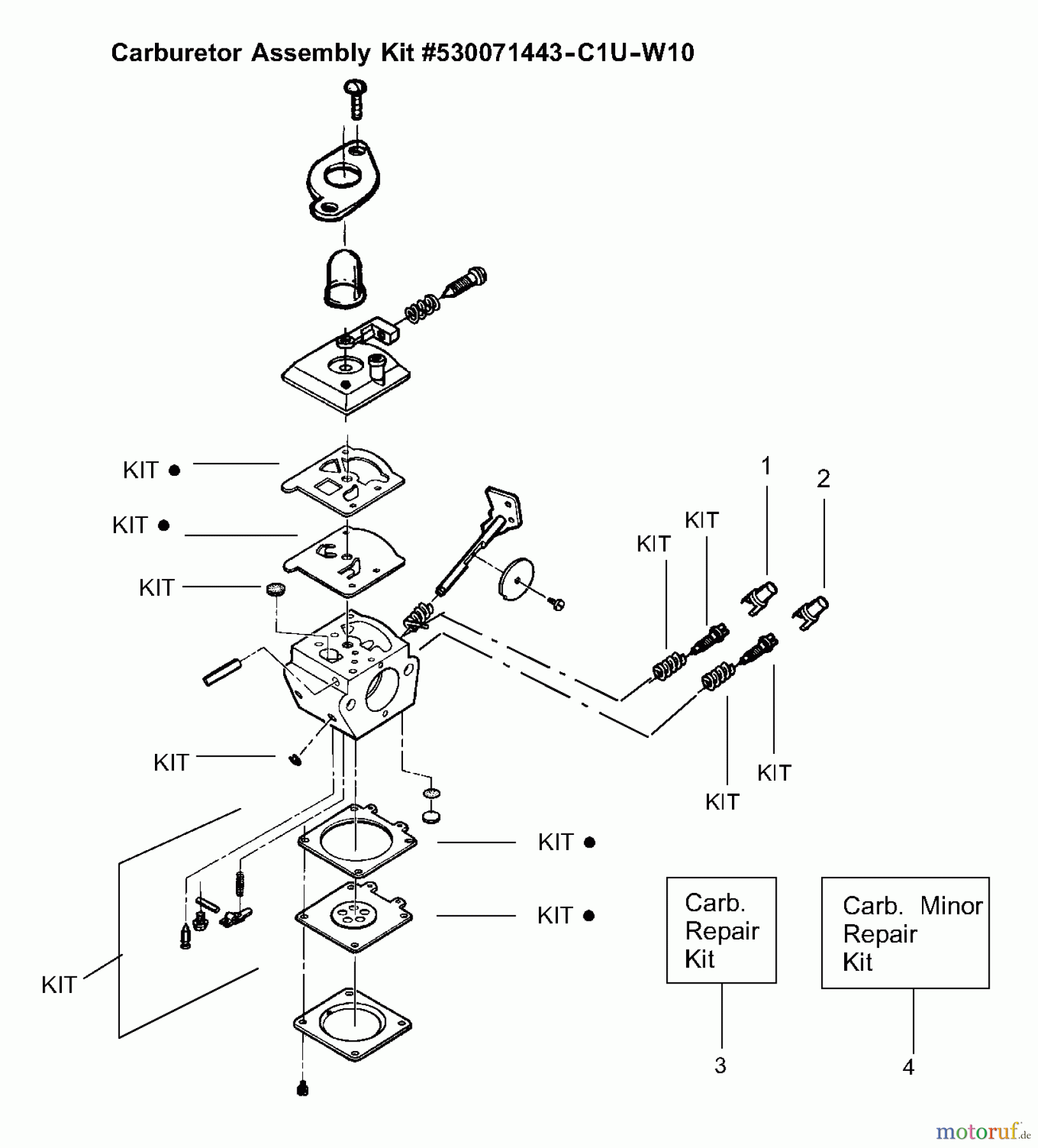 Poulan / Weed Eater Motorsensen, Trimmer SST (Type 1) - Weed Eater Featherlite LE String Trimmer Carburetor Assembly (C1U-W10) P/N 530071443