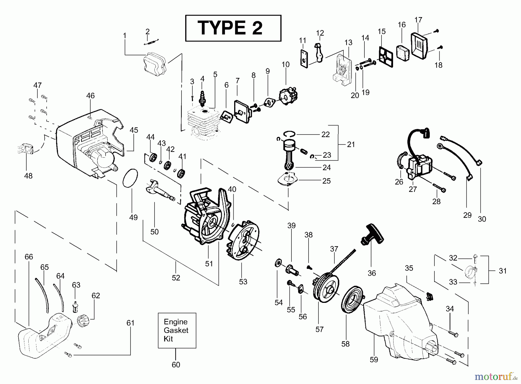 Poulan / Weed Eater Motorsensen, Trimmer SST25 (Type 2) - Weed Eater Featherlite HO String Trimmer Engine Assembly Type 2