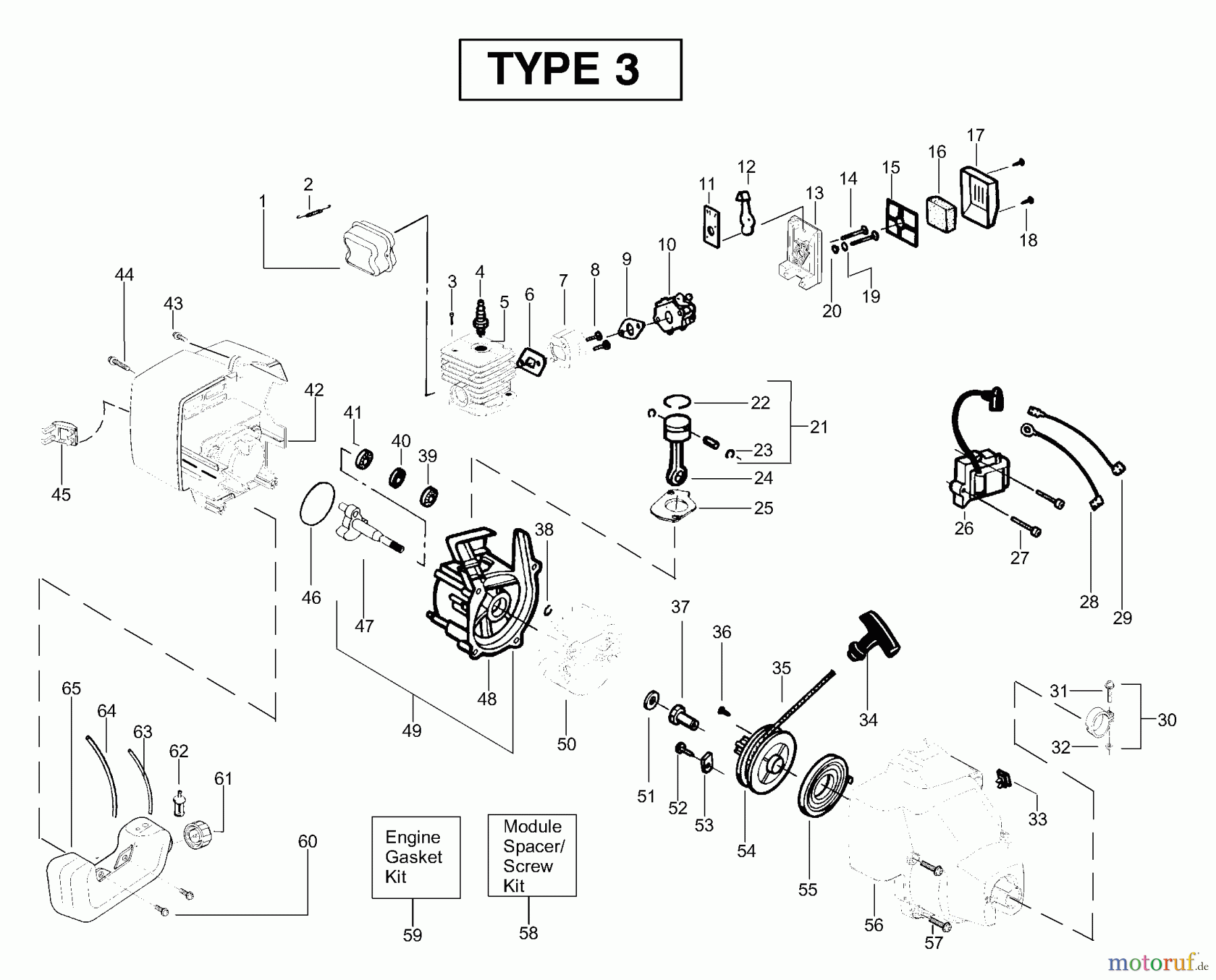 Poulan / Weed Eater Motorsensen, Trimmer SST25 (Type 3) - Weed Eater Featherlite HO String Trimmer Engine Assembly Type 3