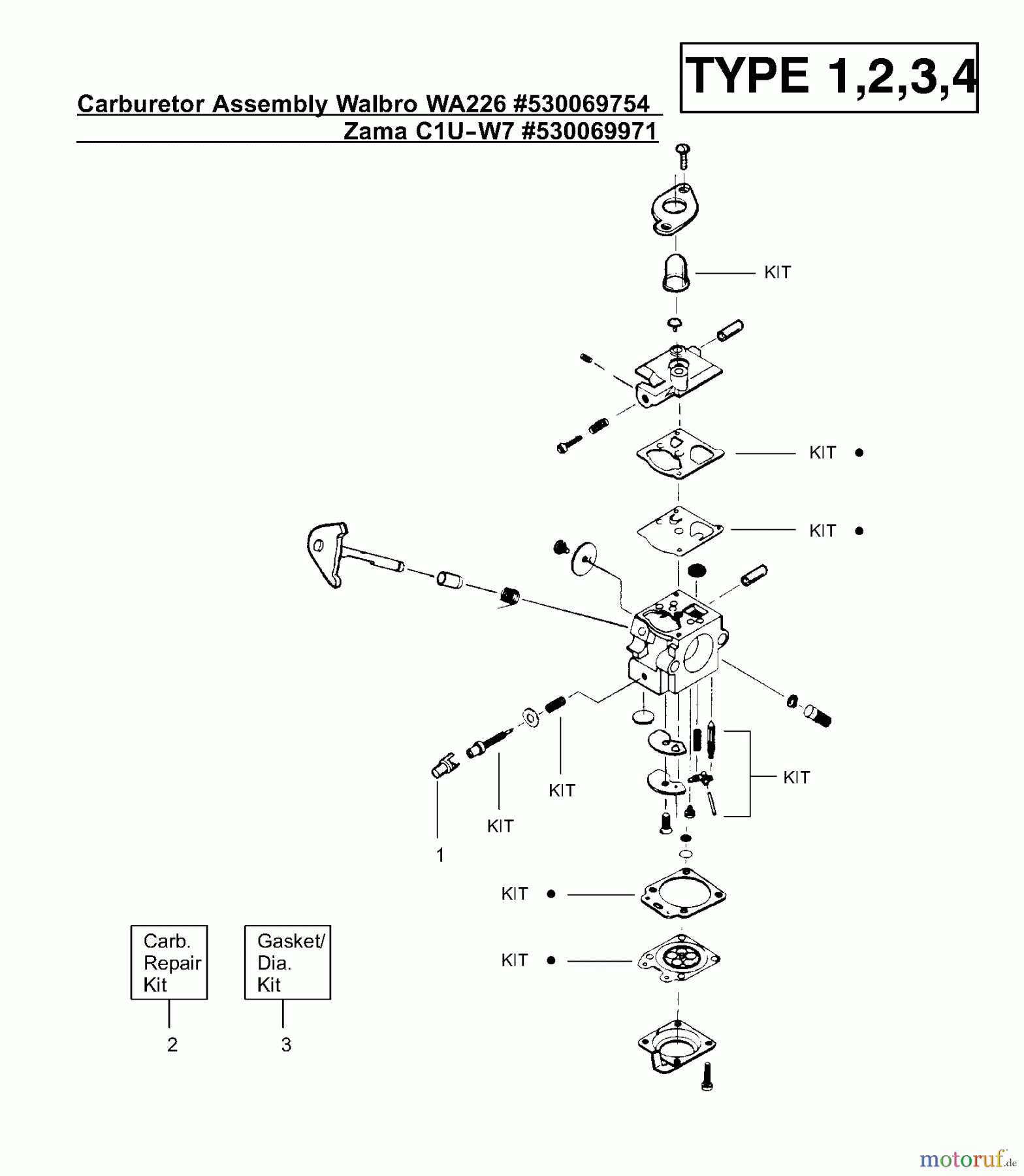 Poulan / Weed Eater Motorsensen, Trimmer XT400 (Type 2) - Weed Eater String Trimmer Carburetor Assembly (Walbro WA226) P/N 530069754, (Zama C1U-W7) P/N 530069971