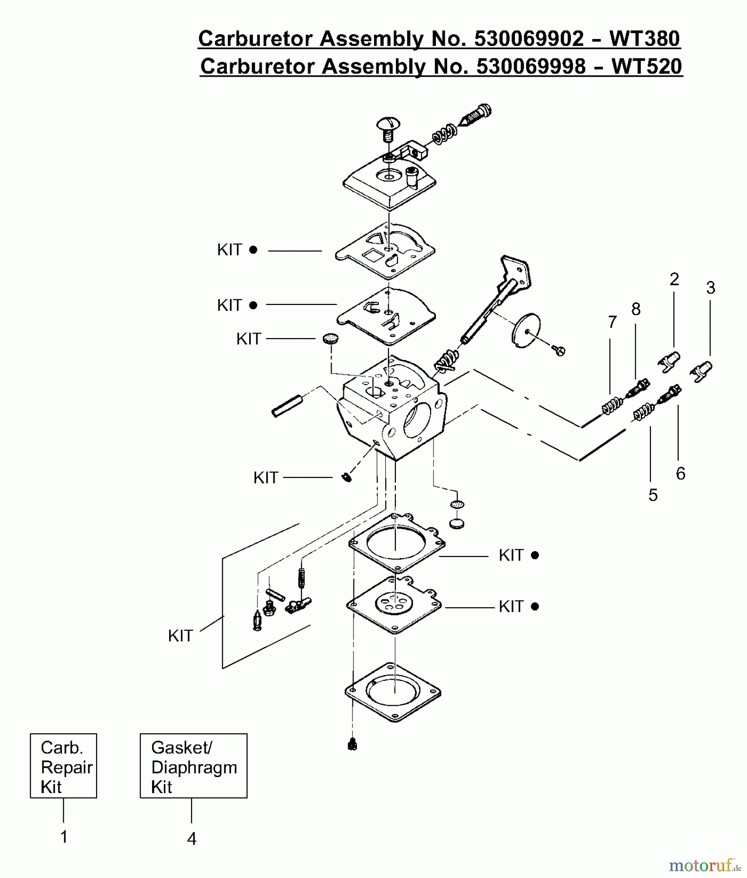  Poulan / Weed Eater Kantenschneider PE3500 - Poulan Edger Carburetor Assembly (WT380) PN 530069902, (WT520) 530069998