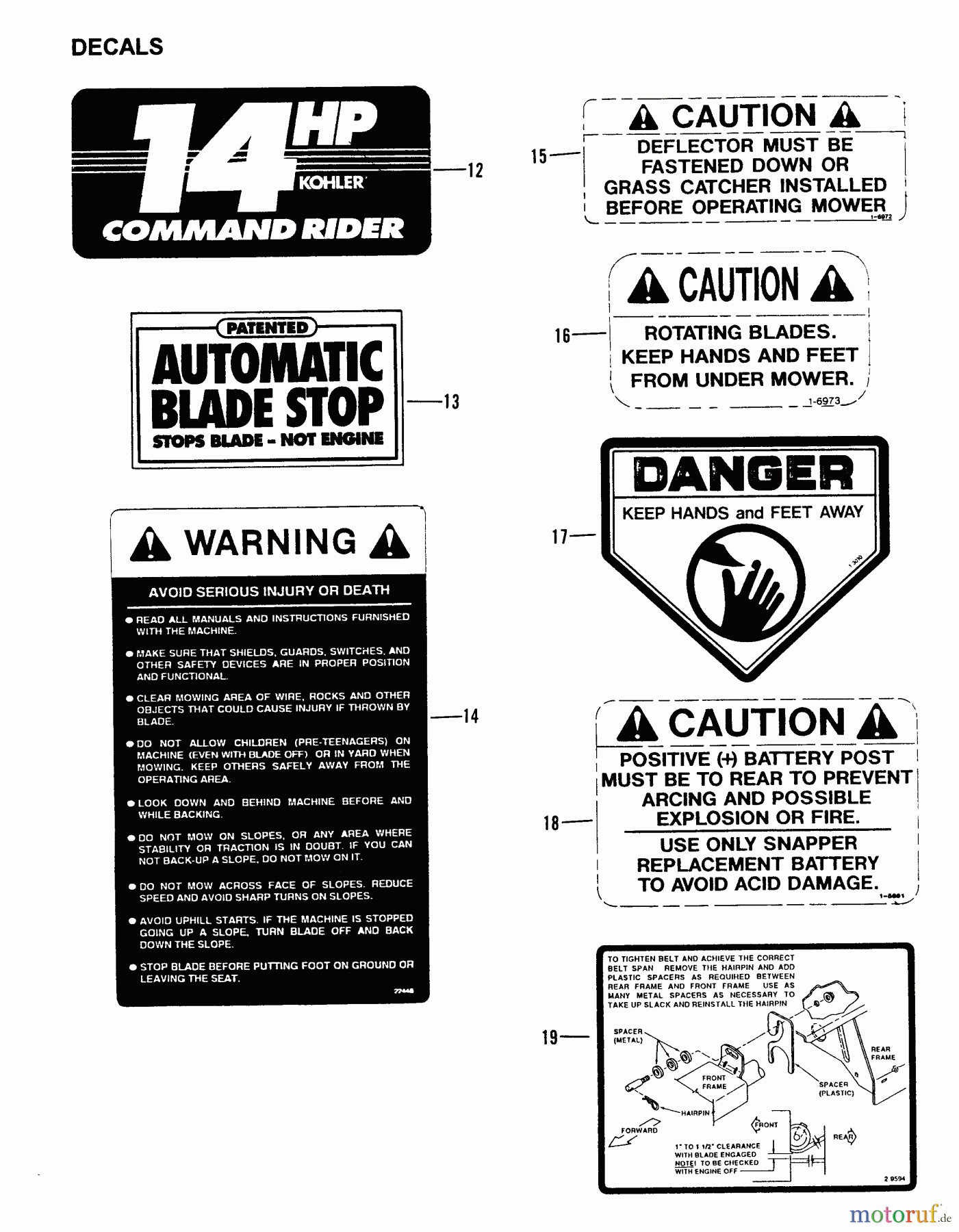Snapper Zubehör. Rasenmäher 7060947 - Snapper Bag N-Wagon, 30 Bushel 331314BE Rear Engine Rider Series 14 Decals (Part 2)