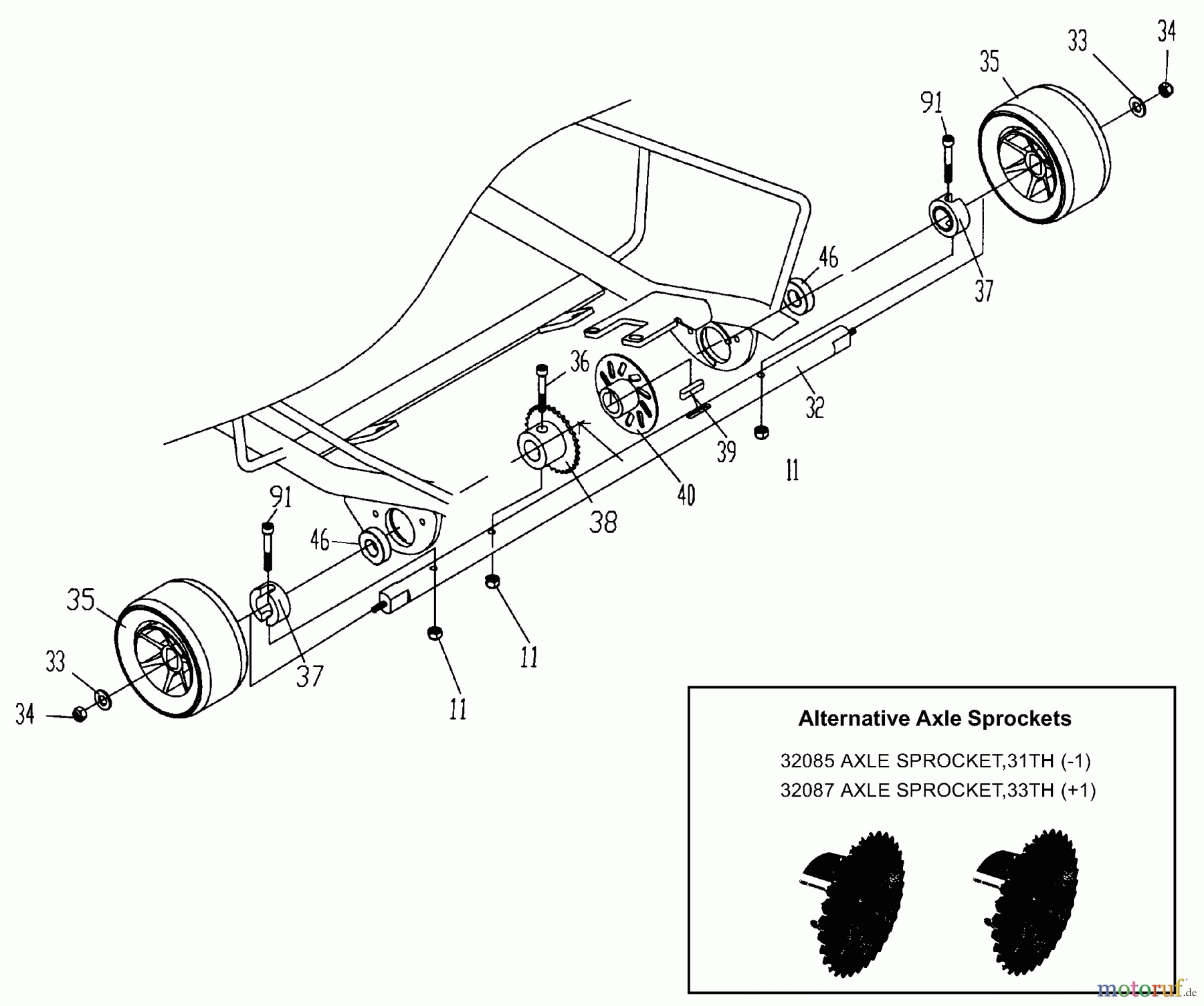 Tanaka Sonstiges TPK-470GS - Tanaka 47cc Paveracer Kart Rear Axle, Rear Wheels, Brake Rotor & Axle Sprocket