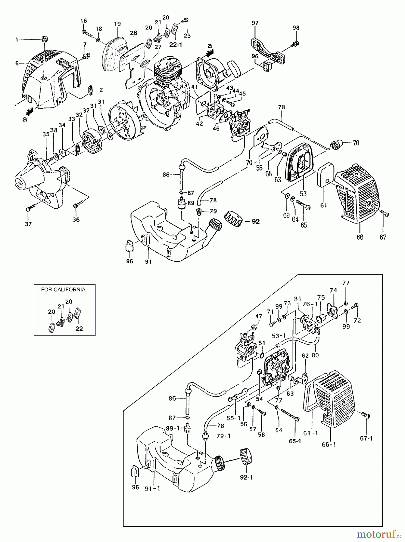 Tanaka Trimmer, Motorsensen TBC-220 - Tanaka Grass Trimmer / Brush Cutter Crankcase, Muffler, Air Cleaner, Fuel System