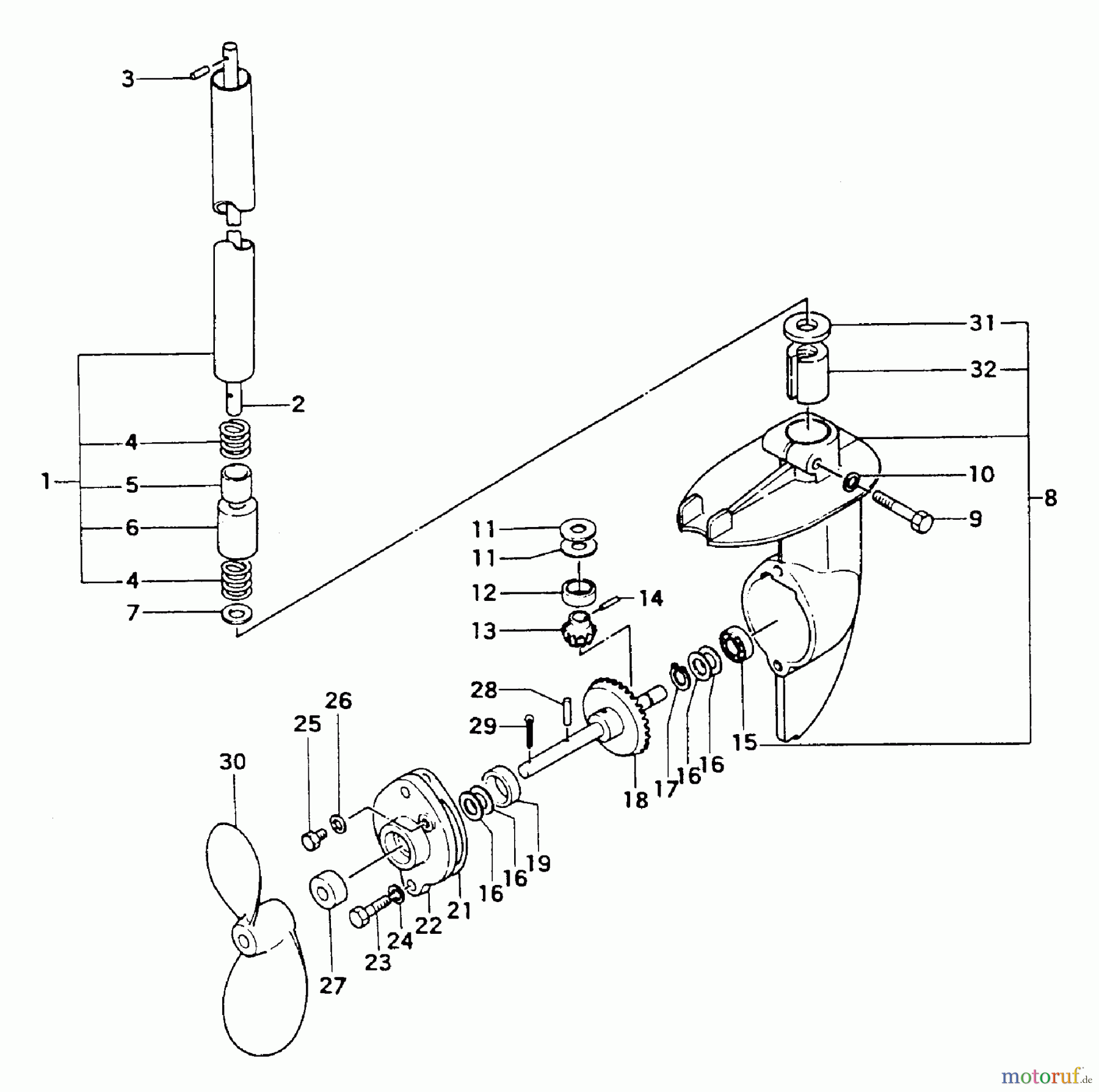 Tanaka Botsmotoren TOB-120 - Tanaka 1.2HP Outboard Motor Gear Case, Propeller, Drive Shaft