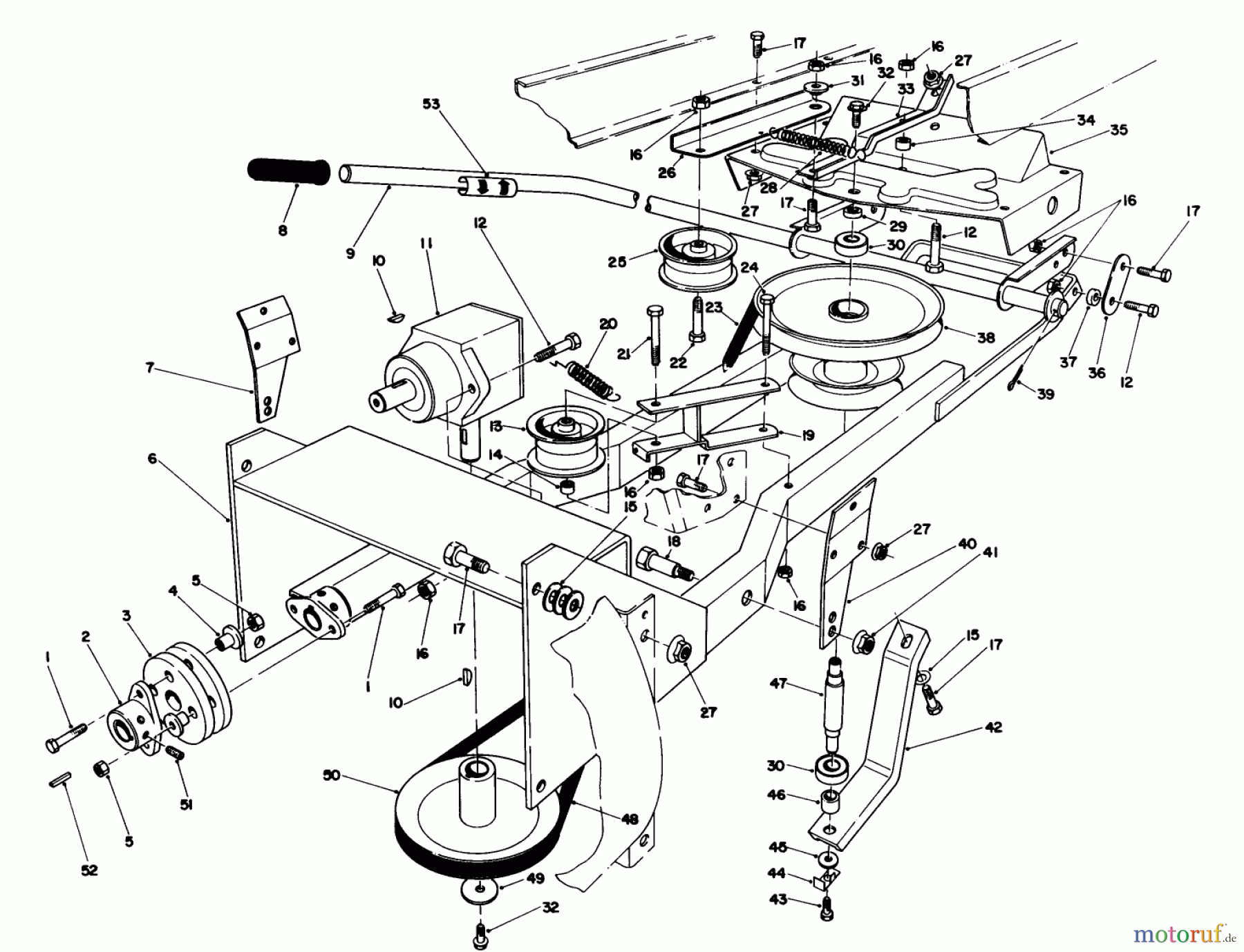 Toro Neu Mowers, Lawn & Garden Tractor Seite 1 57354 (11-44) - Toro 11-44 Pro Lawn Tractor, 1986 (6000001-6999999) FRAME & PULLEY ASSEMBLY 36