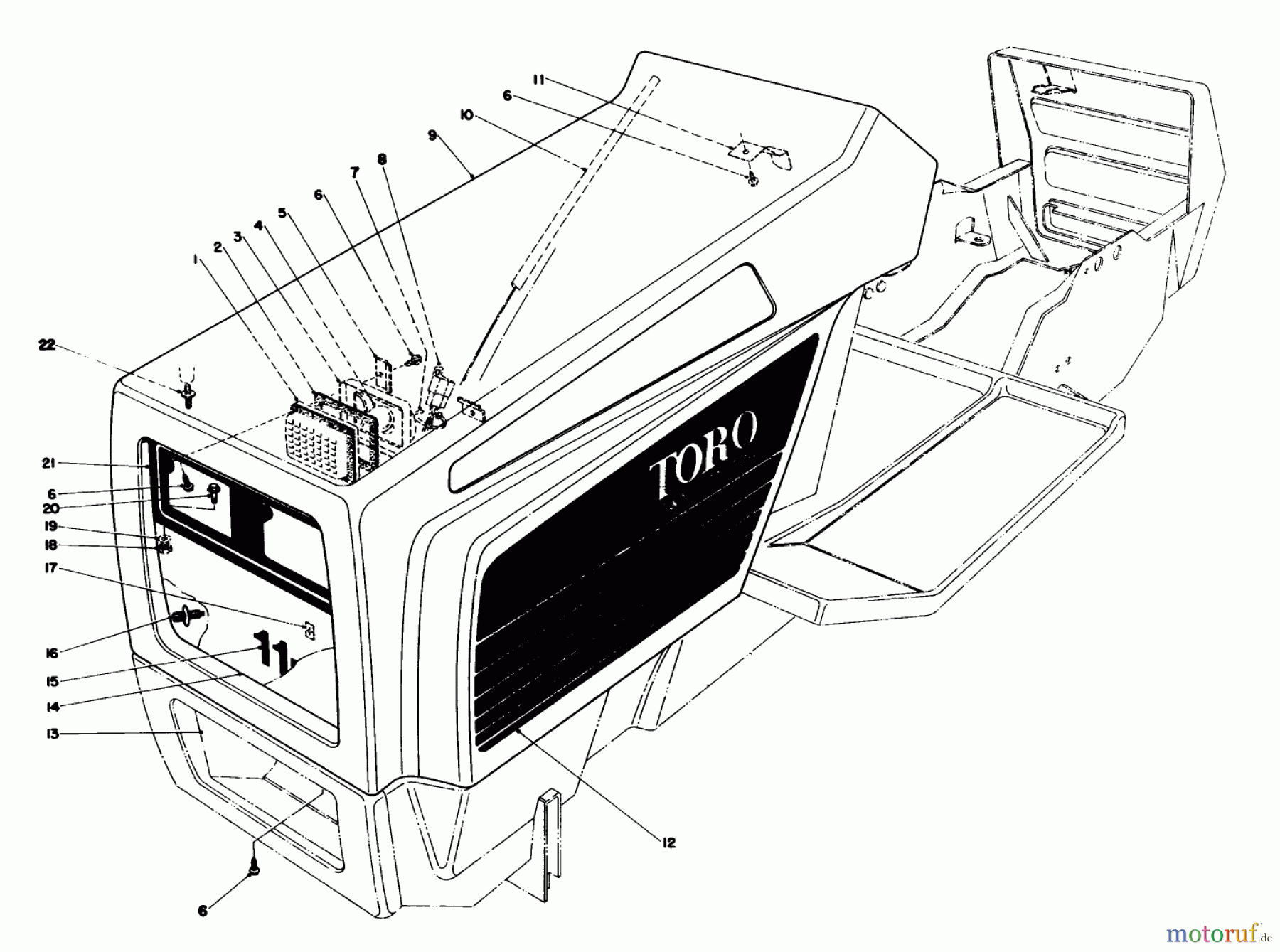 Toro Neu Mowers, Lawn & Garden Tractor Seite 1 57354 (11-44) - Toro 11-44 Pro Lawn Tractor, 1986 (6000001-6999999) HOOD ASSEMBLY