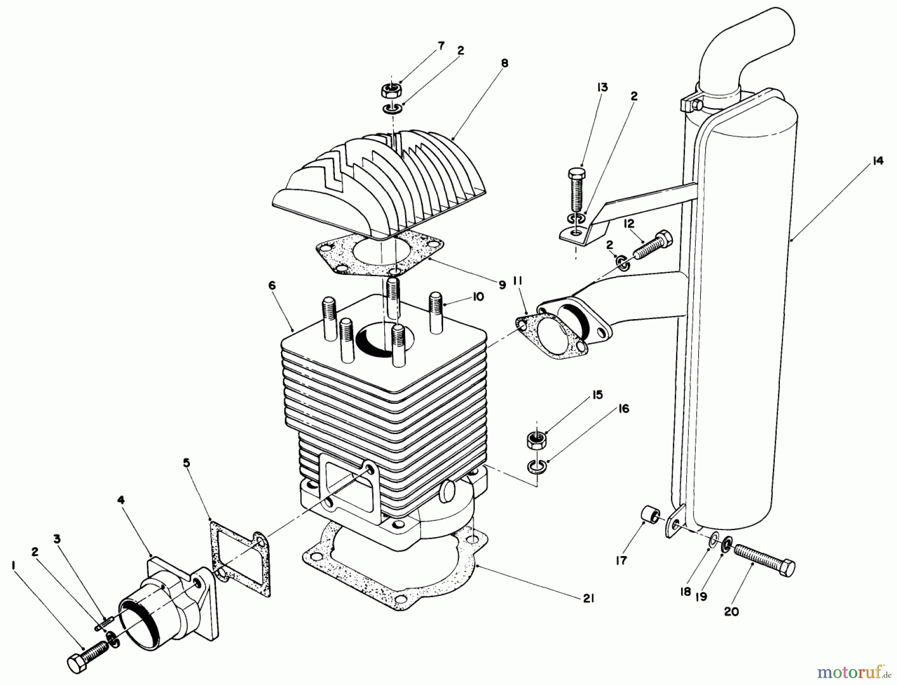  Toro Neu Mowers, Drive Unit Only 30113 - Toro Mid-Size Proline Gear Traction Unit, 8 hp, 1986 (6000001-6999999) CYLINDER & MUFFLER ASSEMBLY