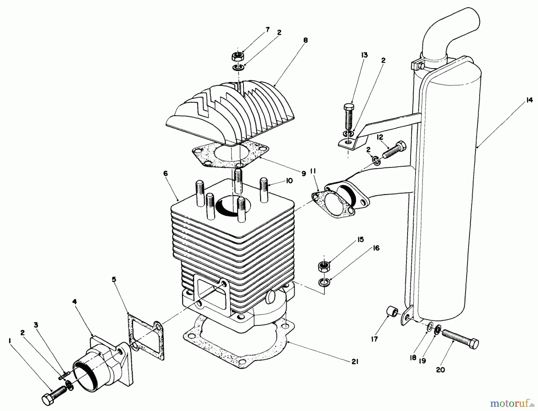 Toro Neu Mowers, Drive Unit Only 30113 - Toro Mid-Size Proline Gear Traction Unit, 8 hp, 1987 (7000001-7999999) CYLINDER & MUFFLER ASSEMBLY