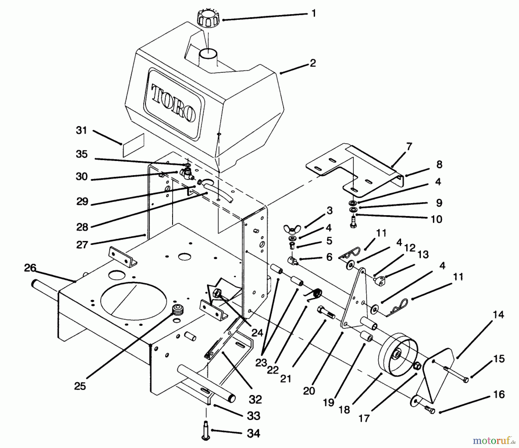Toro Neu Mowers, Drive Unit Only 30165 - Toro Mid-Size Proline Gear Traction Unit, 12.5 hp, 1995 (5900001-5999999) FRAME, FUEL TANK AND WHEEL DRIVE IDLER