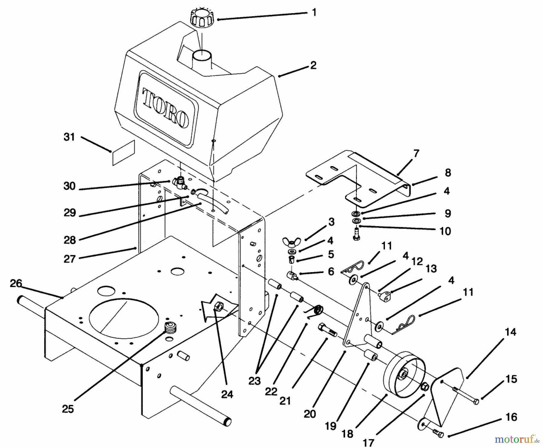 Toro Neu Mowers, Drive Unit Only 30181 - Toro Mid-Size Proline Gear Traction Unit, 16 hp, 1995 (59000001-59999999) FRAME, FUEL TANK AND WHEEL DRIVE IDLER