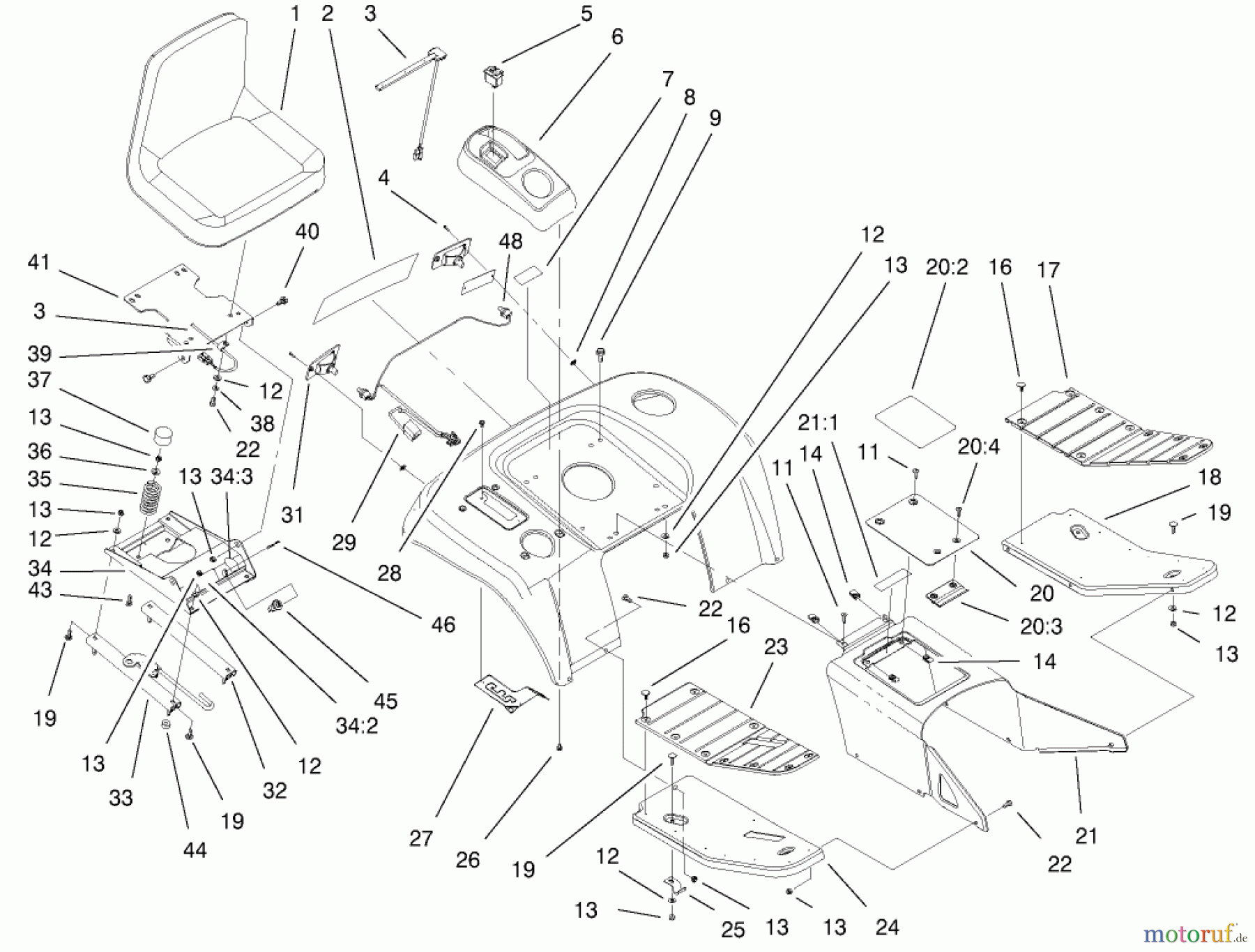 Toro Neu Mowers, Lawn & Garden Tractor Seite 1 73561SEI (522xi) - Toro 522xi Indy Special Edition Garden Tractor, 2000 (200000001-200999999) FENDER, FOOTREST AND SEAT ASSEMBLY