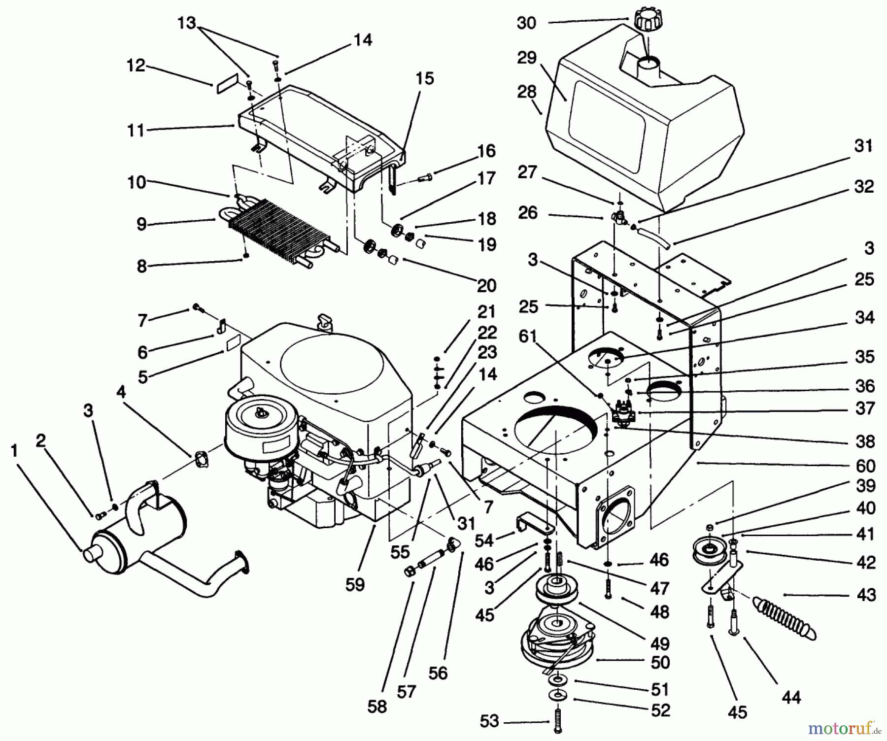  Toro Neu Mowers, Drive Unit Only 30190 - Toro Mid-Size Proline Hydro Traction Unit, 18 hp, 1991 (10000001-19999999) FRAME, ENGINE, FUEL TANK, CLUTCH & COOLER ASS-Y