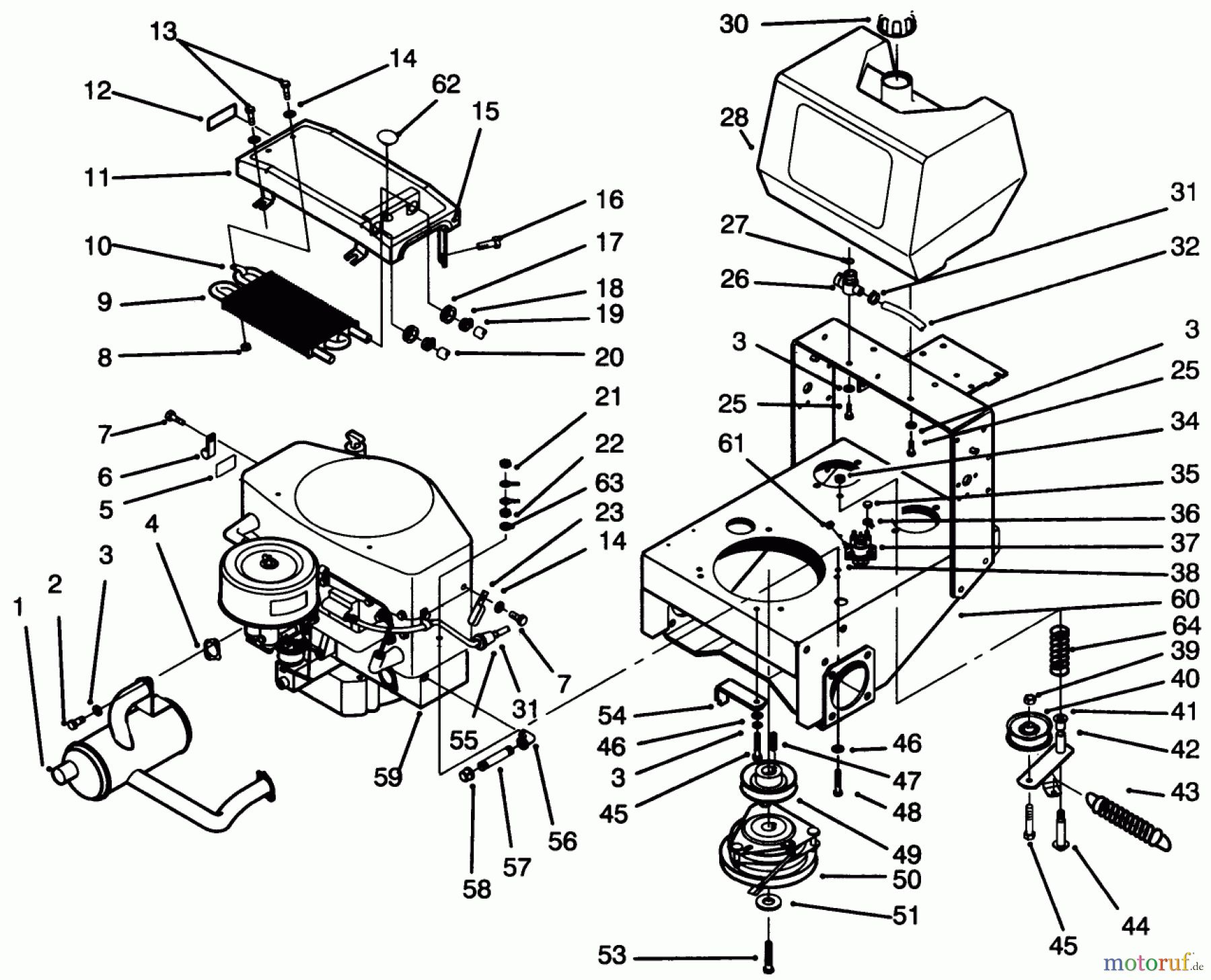  Toro Neu Mowers, Drive Unit Only 30190 - Toro Mid-Size Proline Hydro Traction Unit, 18 hp, 1993 (39000001-39999999) FRAME, ENGINE, FUEL TANK, CLUTCH & COOLER ASS-Y