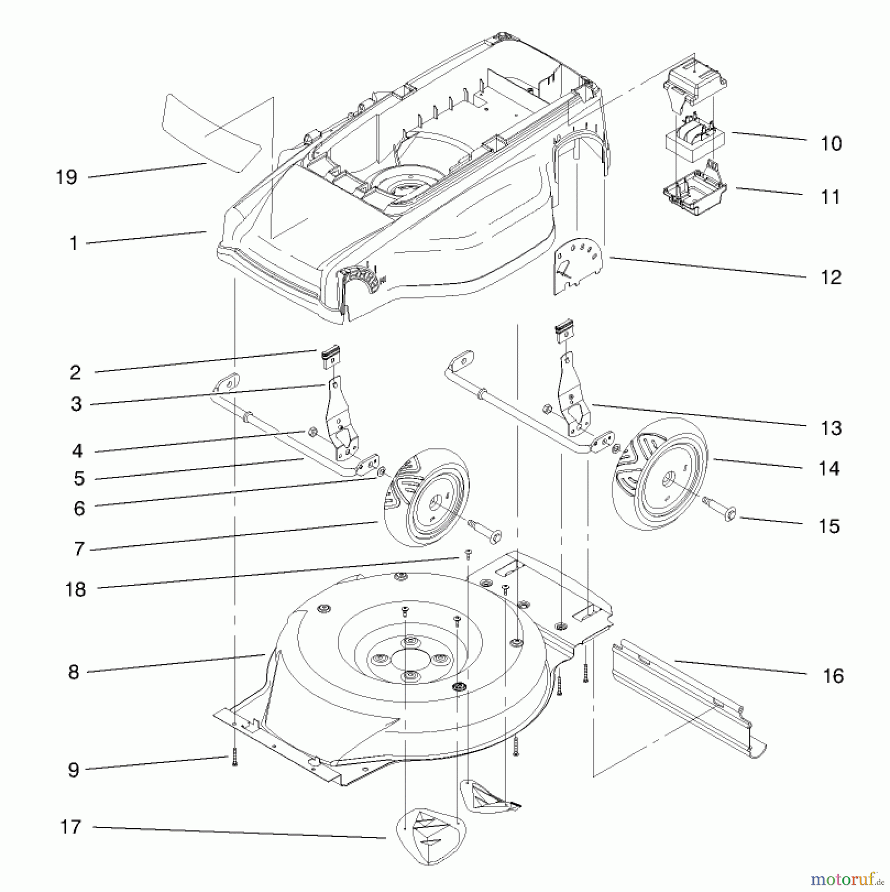  Toro Neu Mowers, Electric 20650 - Toro Carefree Recycler Electric Mower, E36, 1999 (99000001-99999999) DECK, LINER AND WHEEL ASSEMBLY