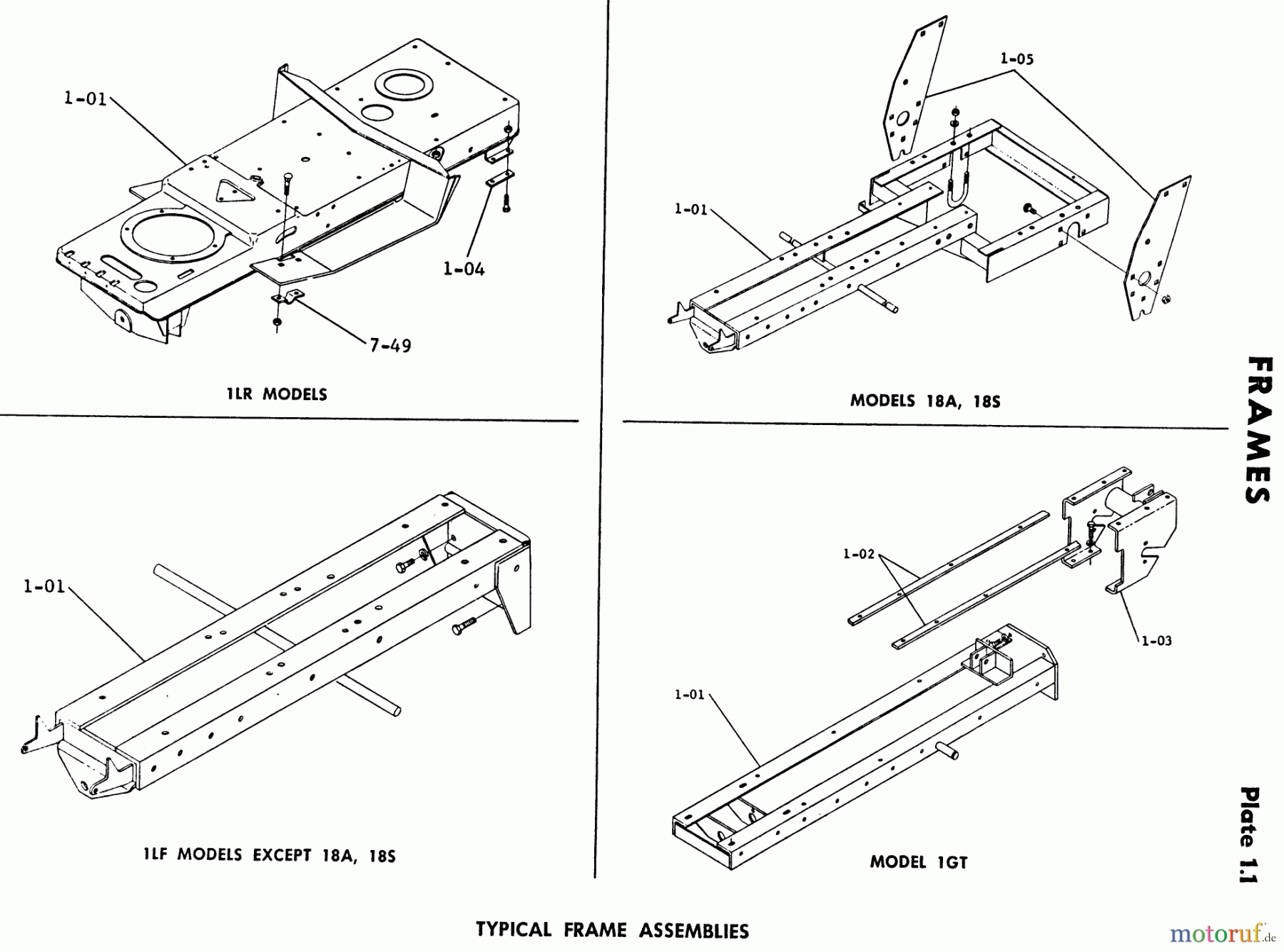 Toro Neu Mowers, Lawn & Garden Tractor Seite 1 1-0100 - Toro WorkHorse 800 Tractor, 1971 1.000 FRAME-1.000 FRAME ASSEMBLIES (PLATE 1.1)