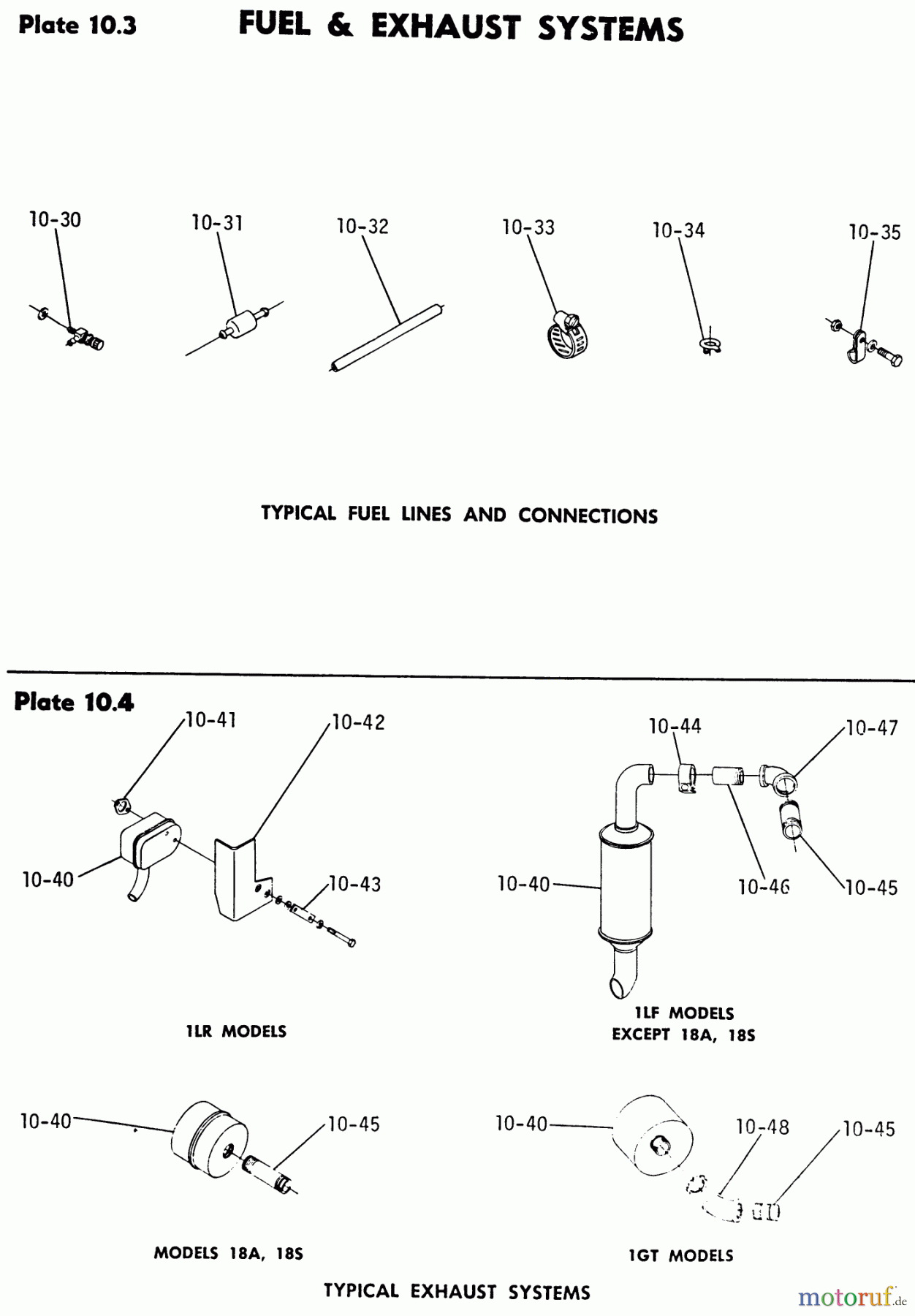 Toro Neu Mowers, Lawn & Garden Tractor Seite 1 1-0100 - Toro WorkHorse 800 Tractor, 1971 10.030 FUEL AND EXHAUST SYSTEMS-10.030 FUEL LINES AND CONNECTIONS (PLATE 10.3)