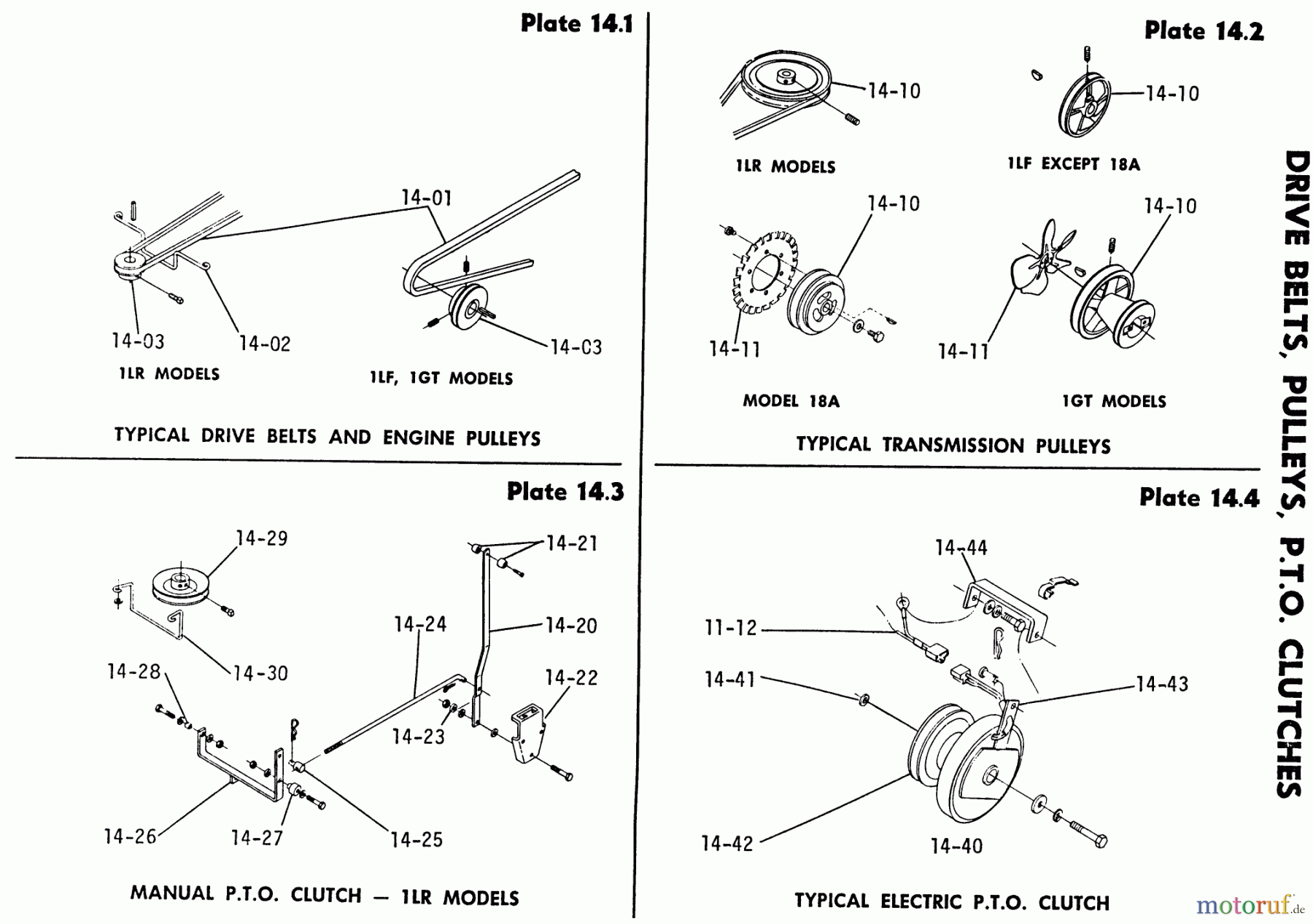 Toro Neu Mowers, Lawn & Garden Tractor Seite 1 1-0100 - Toro WorkHorse 800 Tractor, 1971 14.000 DRIVE BELTS, PULLEYS, P.T.O. CLUTCHES-14.000 DRIVE BELTS, ENGINE PULLEYS (PLATES 14.1)