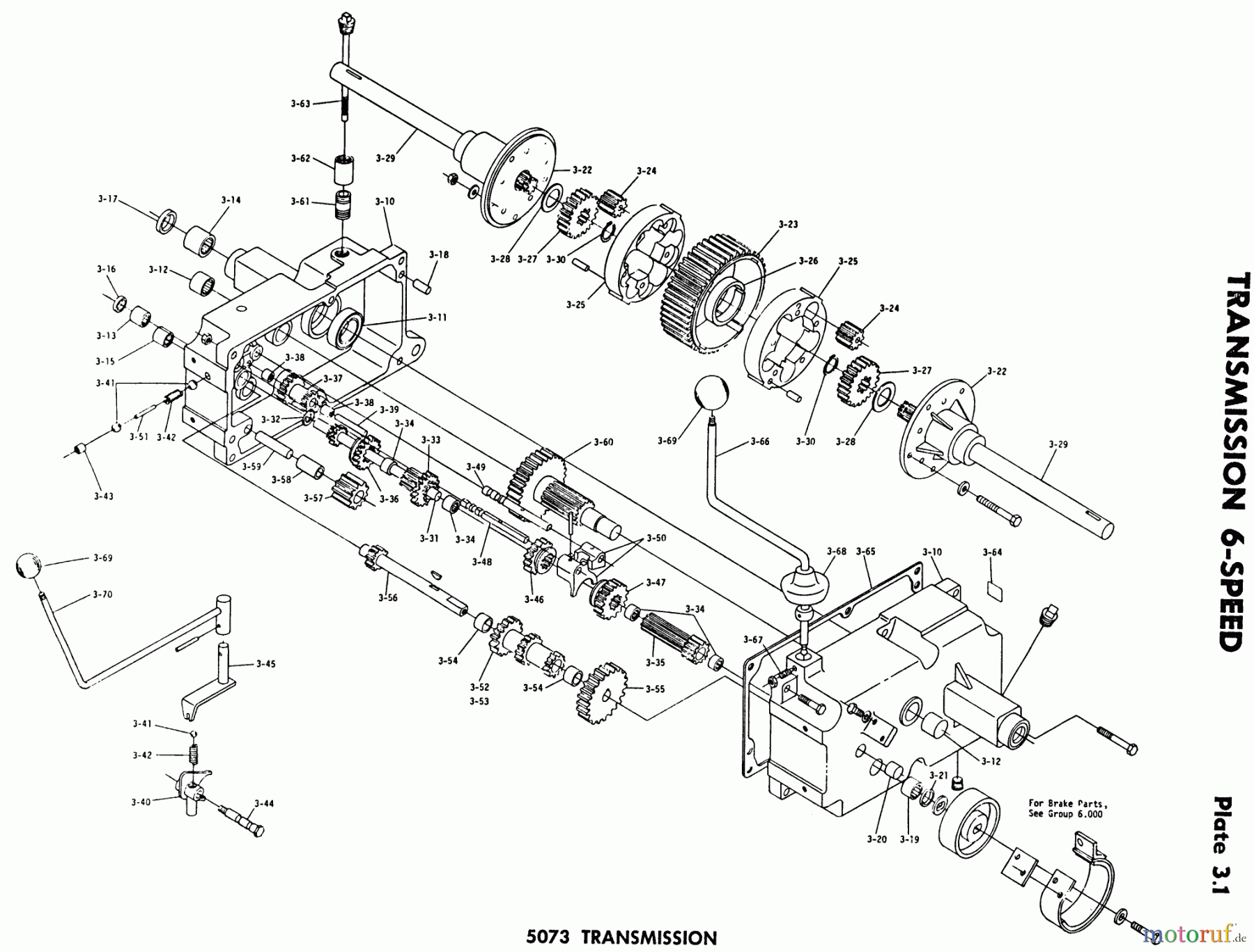 Toro Neu Mowers, Lawn & Garden Tractor Seite 1 1-0100 - Toro WorkHorse 800 Tractor, 1971 3.000 TRANSMISSION 6-SPEED-3.010 C0MPONENT PARTS, 5073 TRANS. (PLATE 3.1)