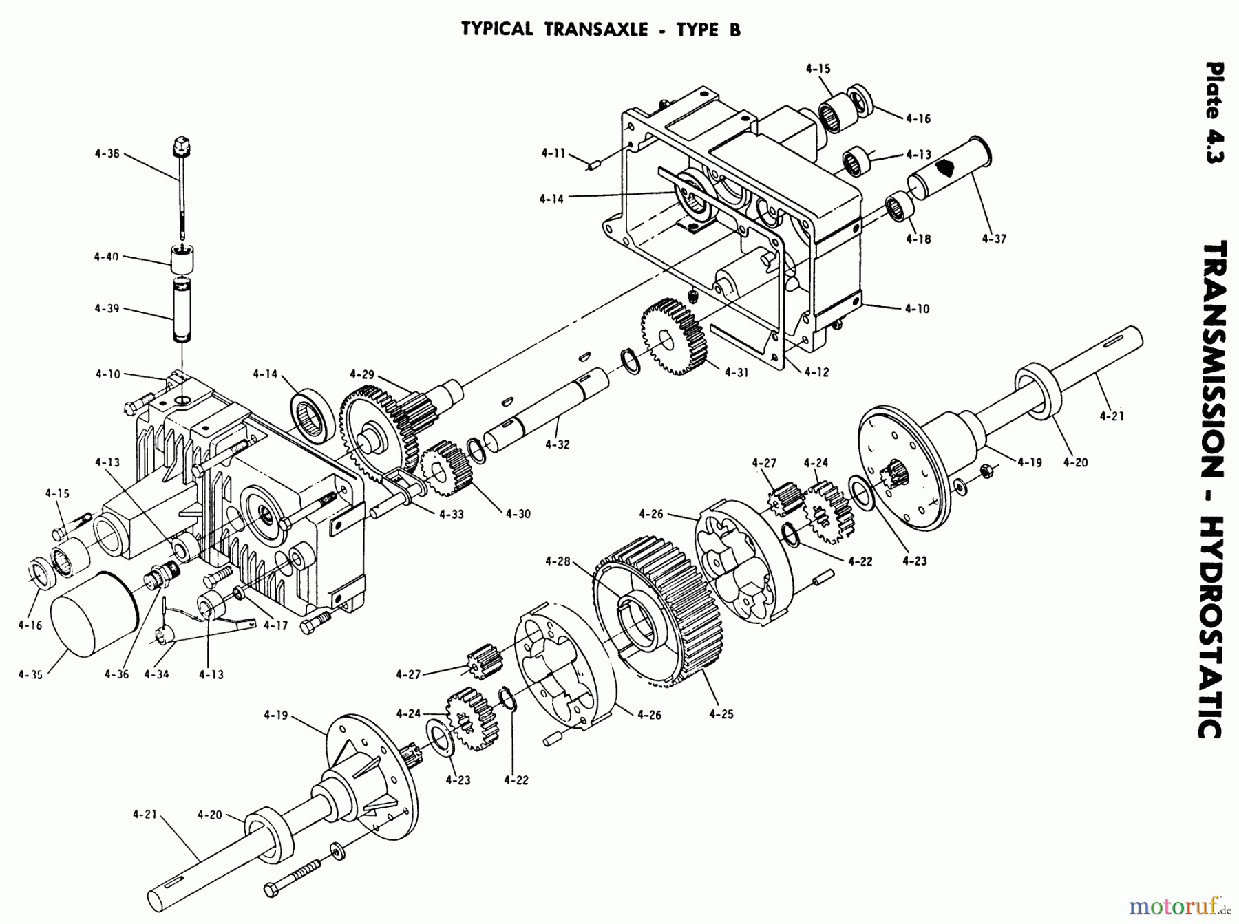 Toro Neu Mowers, Lawn & Garden Tractor Seite 1 1-0100 - Toro WorkHorse 800 Tractor, 1971 4.000 TRANSMISSION-HYDROSTATIC-4.010 COMPONENT PARTS, TRANSAXLE-TYPE B (PLATE 4.3)
