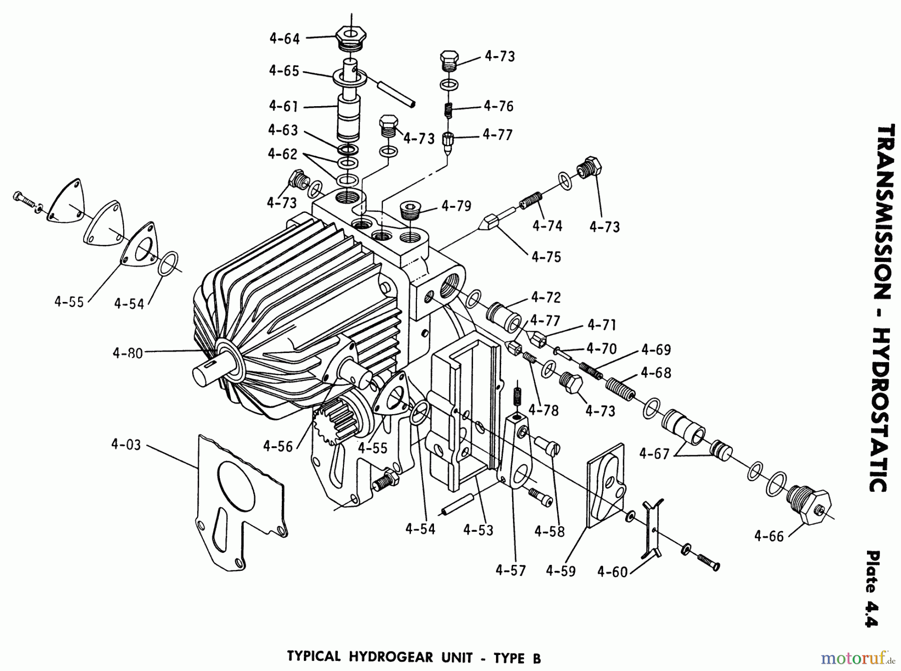 Toro Neu Mowers, Lawn & Garden Tractor Seite 1 1-0100 - Toro WorkHorse 800 Tractor, 1971 4.010 TRANSMISSION-HYDROSTATIC-4.050 COMPONENT PARTS, HYDROGEAR TYPE B (PLATE 4.4)