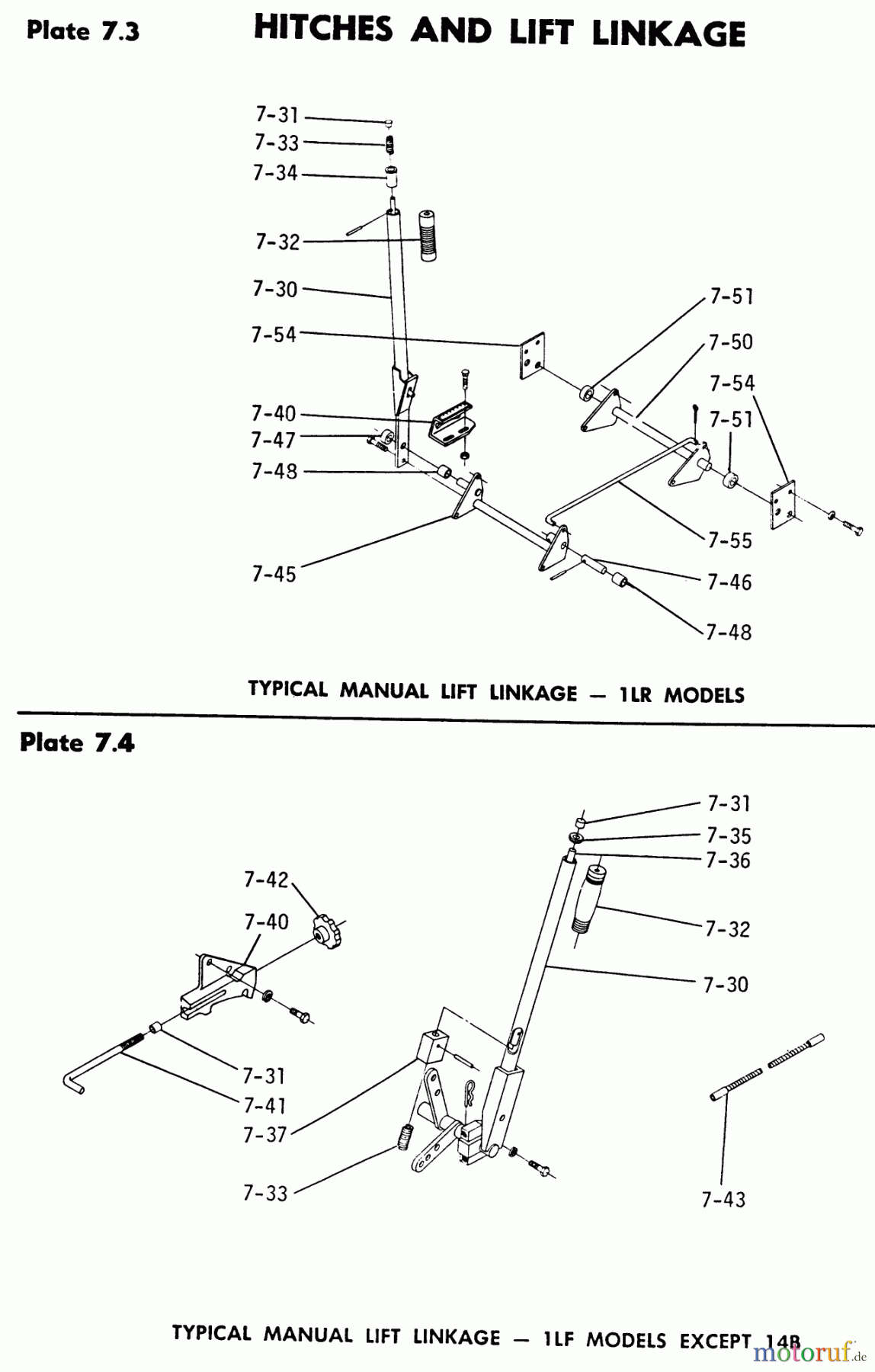  Toro Neu Mowers, Lawn & Garden Tractor Seite 1 1-0100 - Toro WorkHorse 800 Tractor, 1971 7.000 HITCHES AND LIFT LINKAGE-7.030 MANUAL LIFT LINKAGES (PLATES 7.3, 7.4)