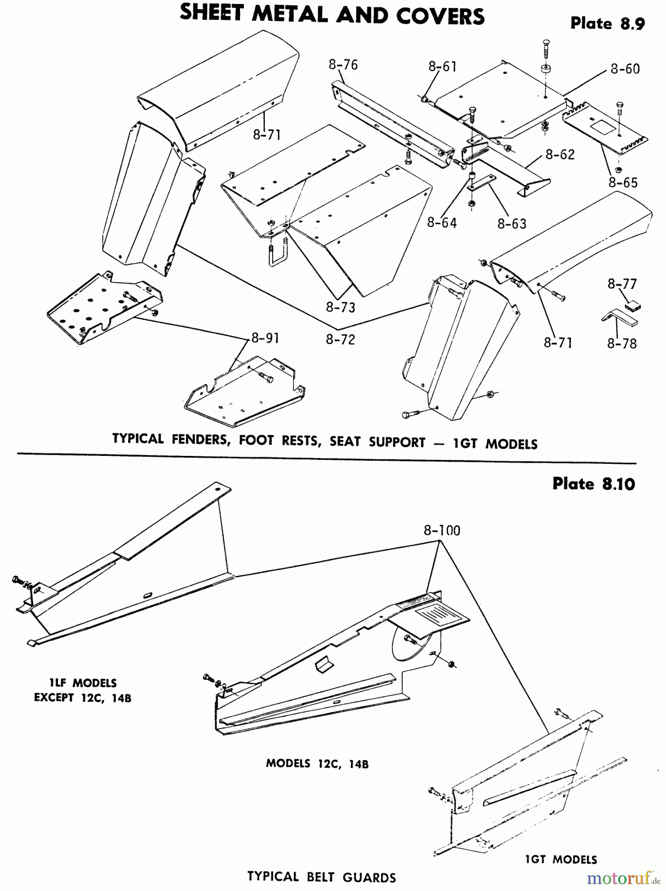 Toro Neu Mowers, Lawn & Garden Tractor Seite 1 1-0100 - Toro WorkHorse 800 Tractor, 1971 8.060 SHEET METAL AND COVERS-8.100 BELT GUARDS (PLATE 8.10)