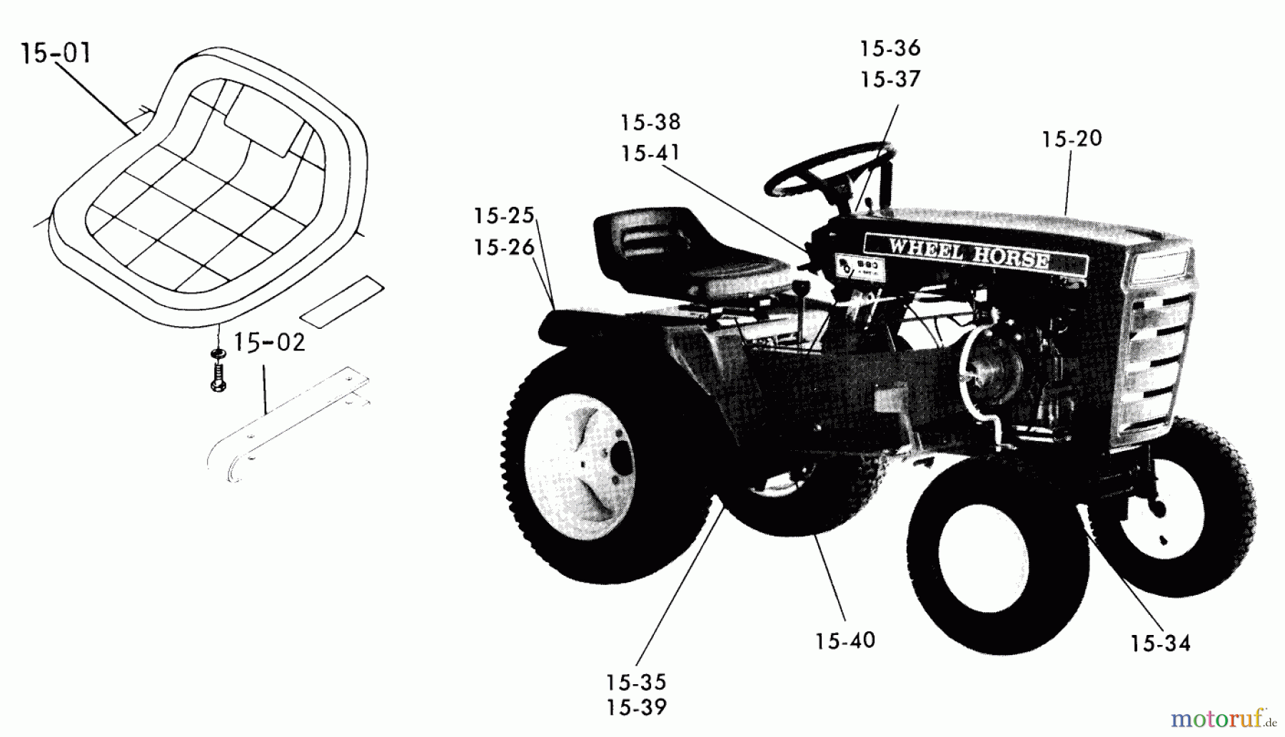 Toro Neu Mowers, Lawn & Garden Tractor Seite 1 1-0140 (B-80) - Toro B-80 4-Speed Tractor, 1974 15.000 SEATS, DECALS, MISC. TRIM (PLATE 15.1)
