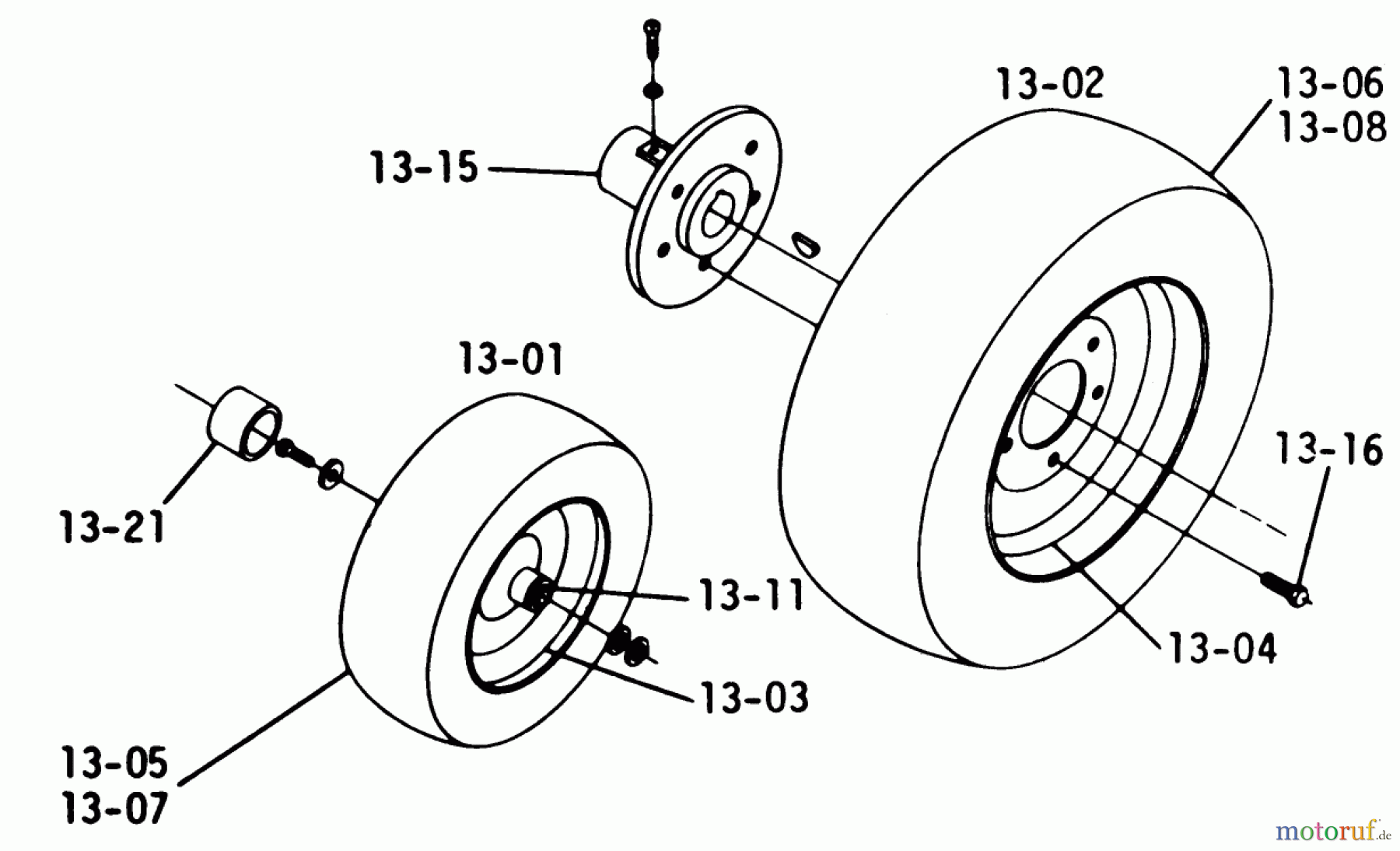 Toro Neu Mowers, Lawn & Garden Tractor Seite 1 1-0396 (C-120) - Toro C-120 8-Speed Tractor, 1975 13.000 WHEELS AND TIRES (FIG. 13)
