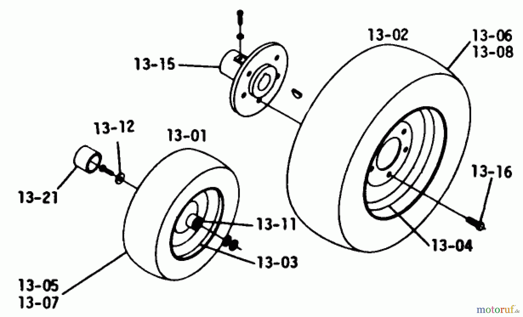 Toro Neu Mowers, Lawn & Garden Tractor Seite 1 1-0510 (B-100) - Toro B-100 Automatic Tractor, 1974 13.000 WHEELS AND TLRES (PLATE 13.1)