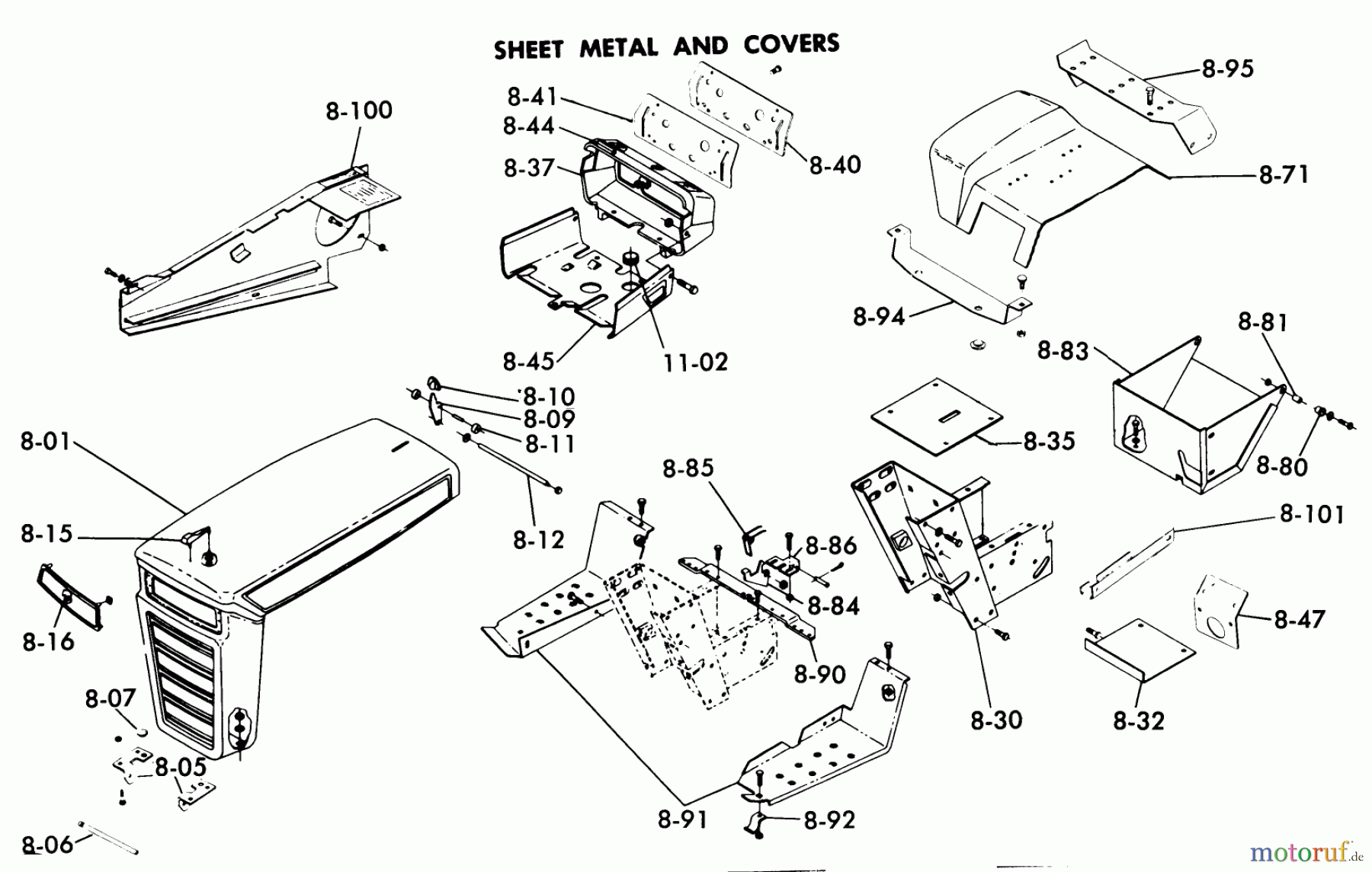 Toro Neu Mowers, Lawn & Garden Tractor Seite 1 1-0491 (C-120) - Toro C-120 Automatic Tractor, 1975 8.000 SHEET METAL AND COVERS (FIG. 8)
