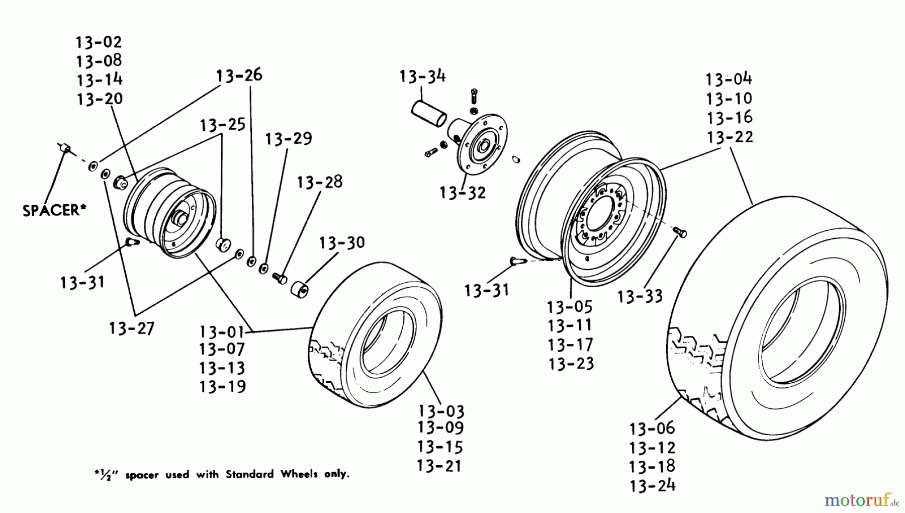 Toro Neu Mowers, Lawn & Garden Tractor Seite 1 1-0612 (D-180) - Toro D-180 Automatic Tractor, 1975 13.000 WHEELS AND TIRES (FIG. 13)