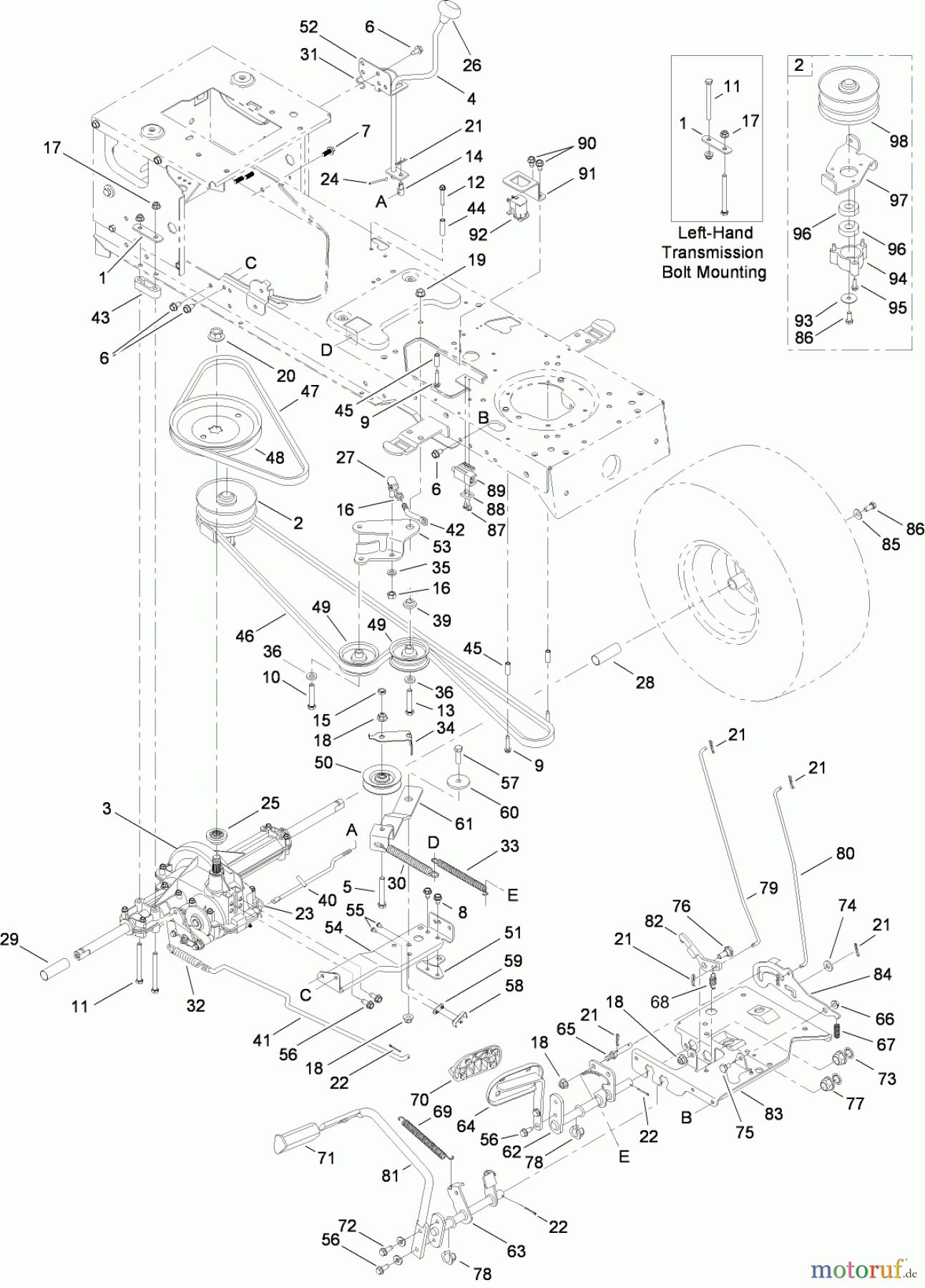  Toro Neu Mowers, Lawn & Garden Tractor Seite 1 13RL60RG244 (LX426) - Toro LX426 Lawn Tractor, 2008 (SN 1L107H10100-) TRANSMISSION, BRAKE AND TRACTION PEDAL ASSEMBLY